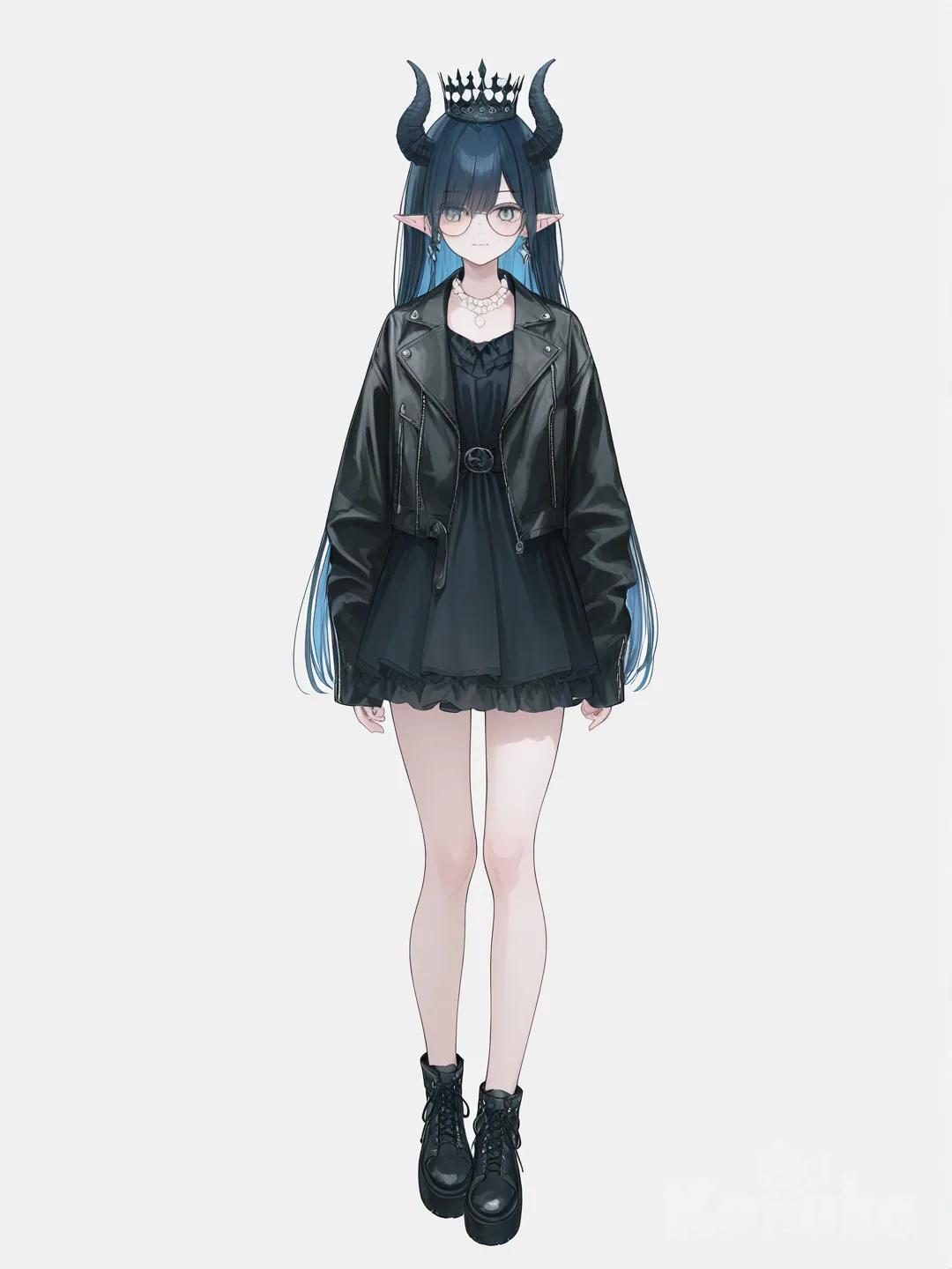 [soft-pastel-style] 1girl, elf ears, demon horns, vampire fangs, teenager, athletic build, long straight hair, black hair, blue hair, grey eyes, fair skin, leather jacket, little black dress, frills, diamond earrings, necklace, pearl necklace, crown, glasses, single character, full body, looking at viewer, anime style, simple background, white background
