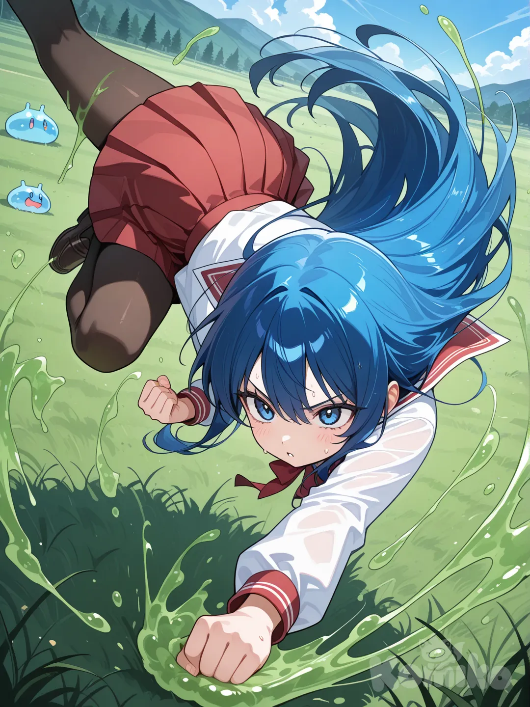 Menina manga com uma saia vermelha meia calça cabelo azul na campo luntado contra um slime