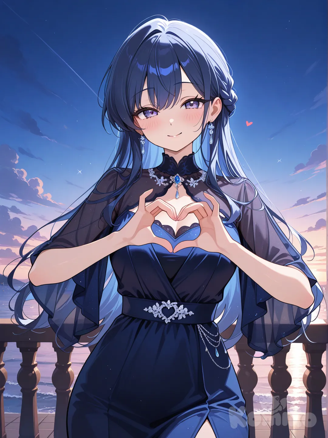 evening dress, navy blue, heart hands, 1girl, smile