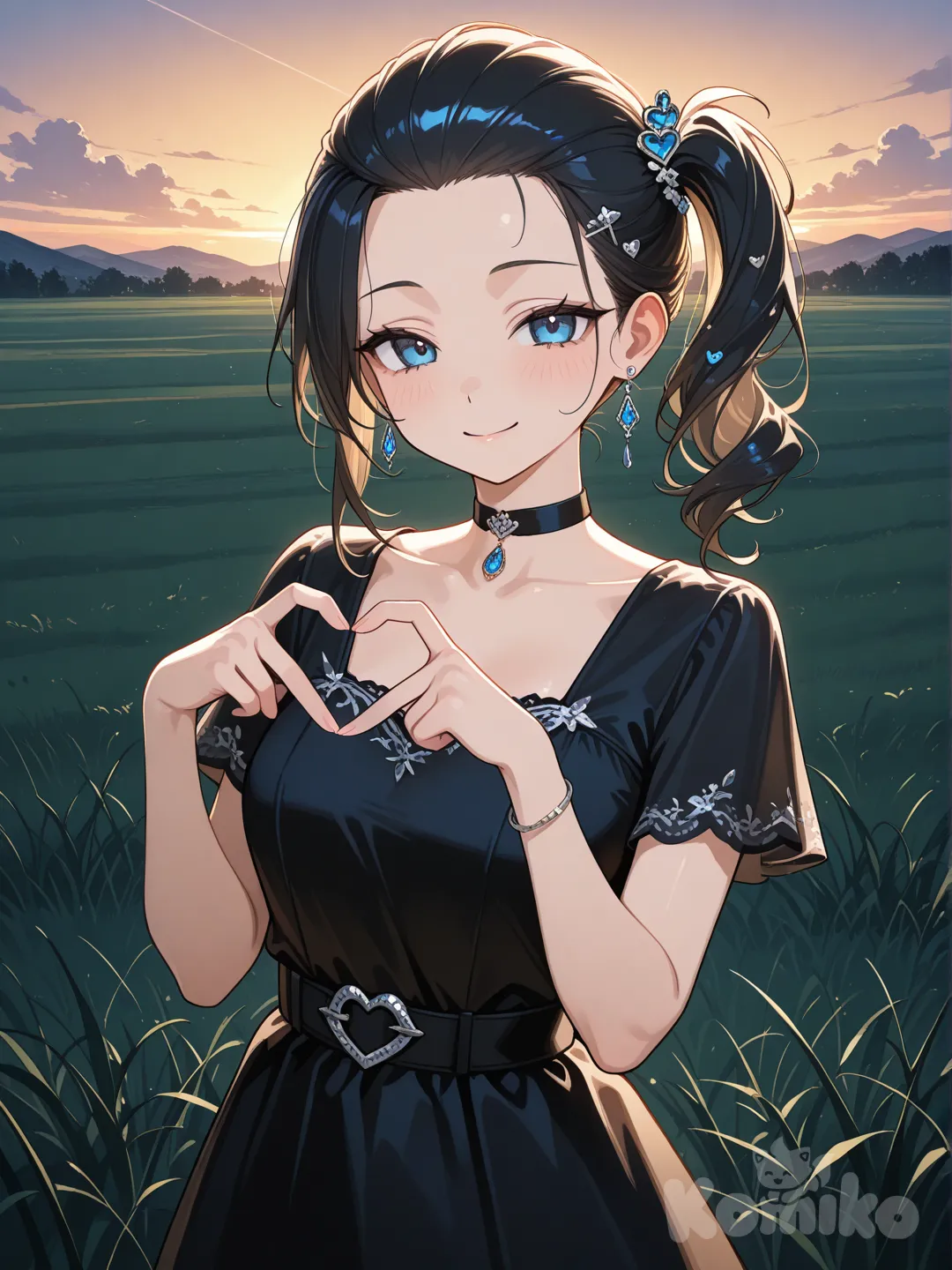 1girl, heart hands, smile,blue eyes, evening dress, hair accessory, choker, jewelry, slicked-back hair, side ponytail, charcoal black, headshot, ambient light, grassland