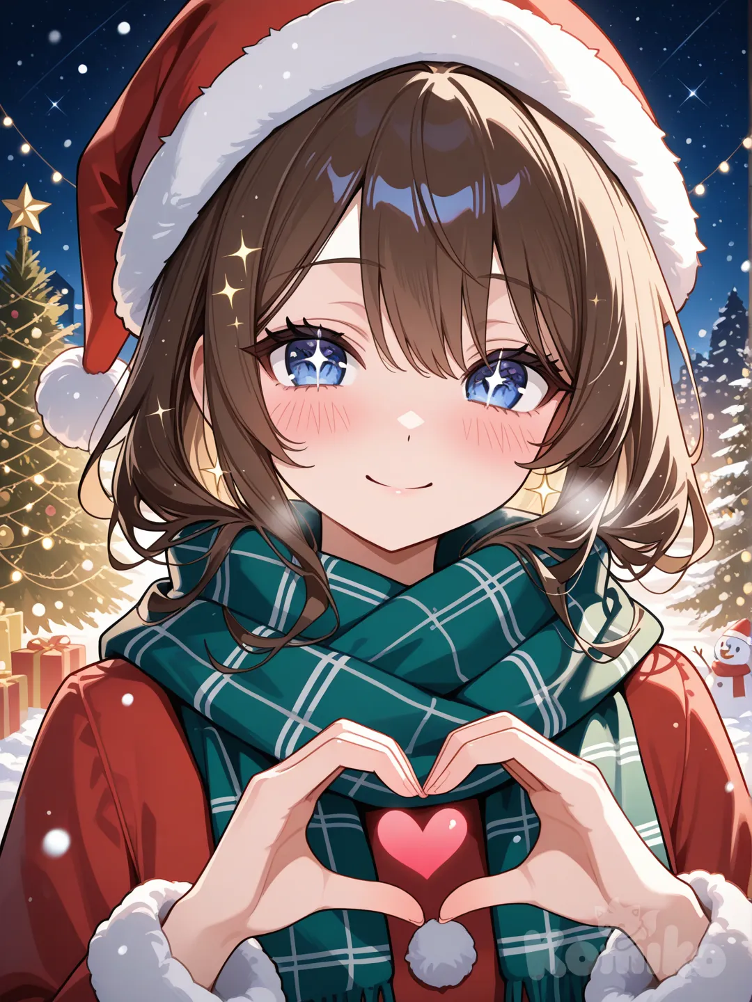 @Rosalinachristmas, christmas tree,snow, gift box, christmas ornaments, merry christmas, snowman, snowing, looking at viewer, headshot, ambient light, night,scarf, christmas lights, santa dress, santa hat,garden, heart hands, smile, blush