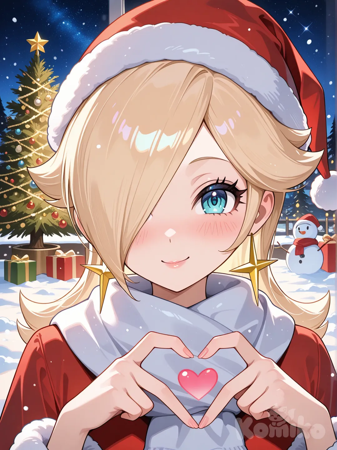 Rosalina,christmas, christmas tree,snow, gift box, christmas ornaments, merry christmas, snowman, snowing, looking at viewer, headshot, ambient light, night,scarf, christmas lights, santa dress, santa hat,garden, heart hands, smile, blush