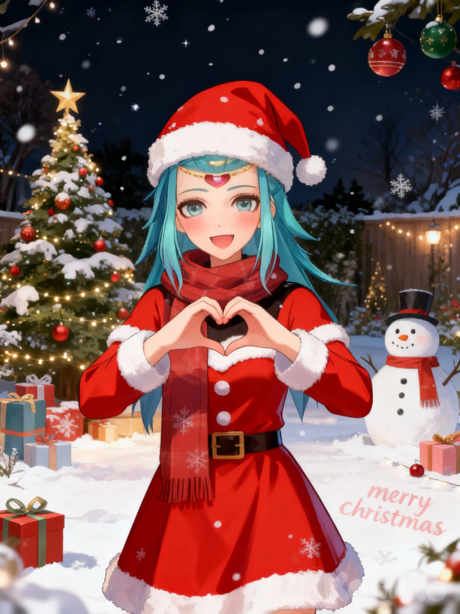 1girl,christmas, christmas tree,snow, gift box, christmas ornaments, merry christmas, snowman, snowing, looking at viewer, headshot, ambient light, night,scarf, christmas lights, santa dress, santa hat,garden, heart hands, smile, blush