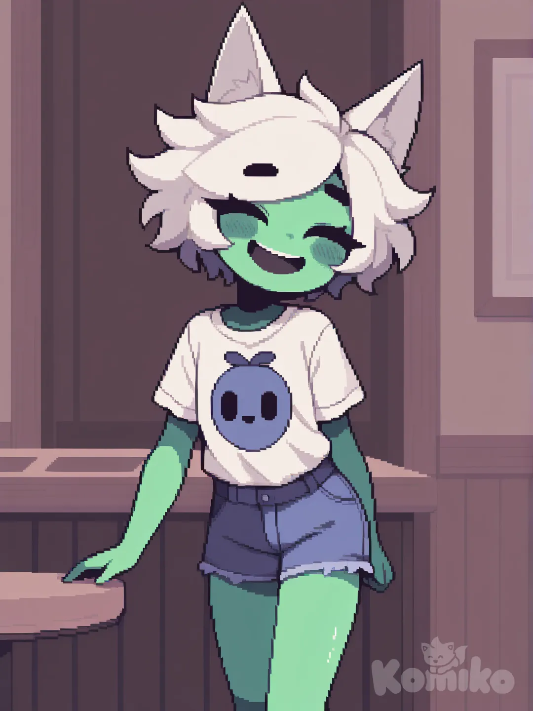 fnaf, 1girl, child, hair white fox accessory, white fox t-shirt, pixel art, [pop-toon-style], oliva skin, white hair, blue shorts, laughing, smile, blush, restaurant., pixie cut