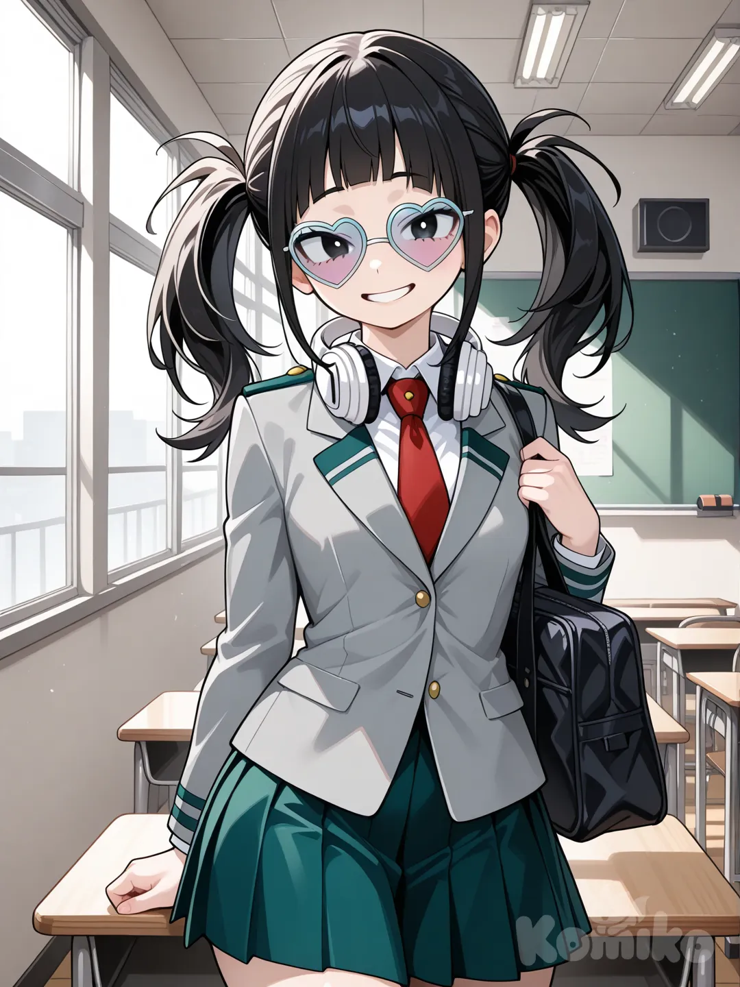 1girl, My Hero Academia style, original character in the world of My Hero Academia, teenager, curvy, scrawny, athletic, short, black hair, long twintails, black eyes, fair skin, white headphones with black pad on the neck, light blue hearth-shaped glasses with light blue glass, smile, mha U.A. uniform, classroom, ambient light
