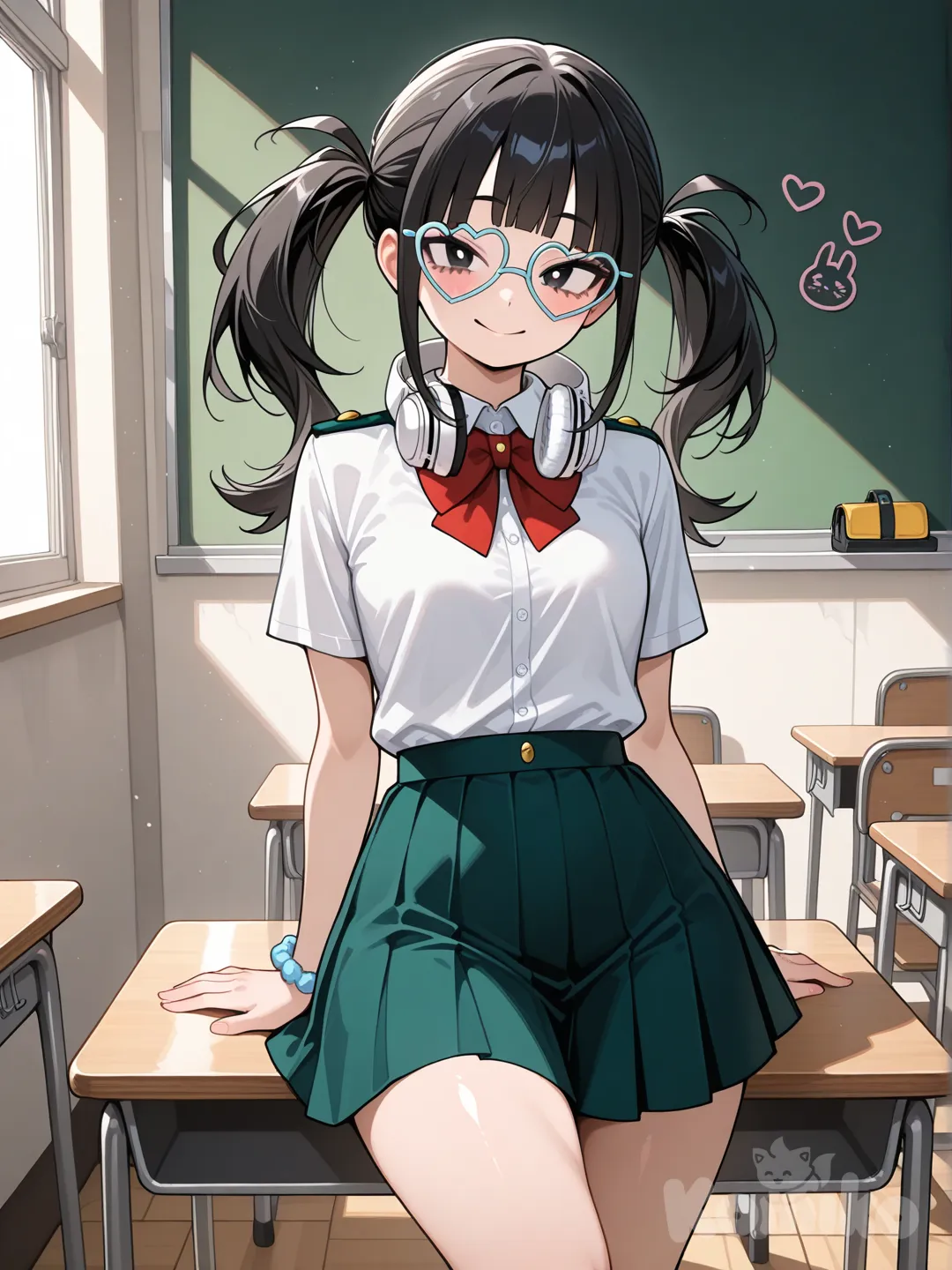 1girl, My Hero Academia style, original character in the world of My Hero Academia, teenager, curvy, scrawny, athletic, short, black hair, long twintails, black eyes, fair skin, white headphones with black pad on the neck, light blue hearth-shaped glasses with light blue glass, smile, U.A. uniform, classroom, ambient light