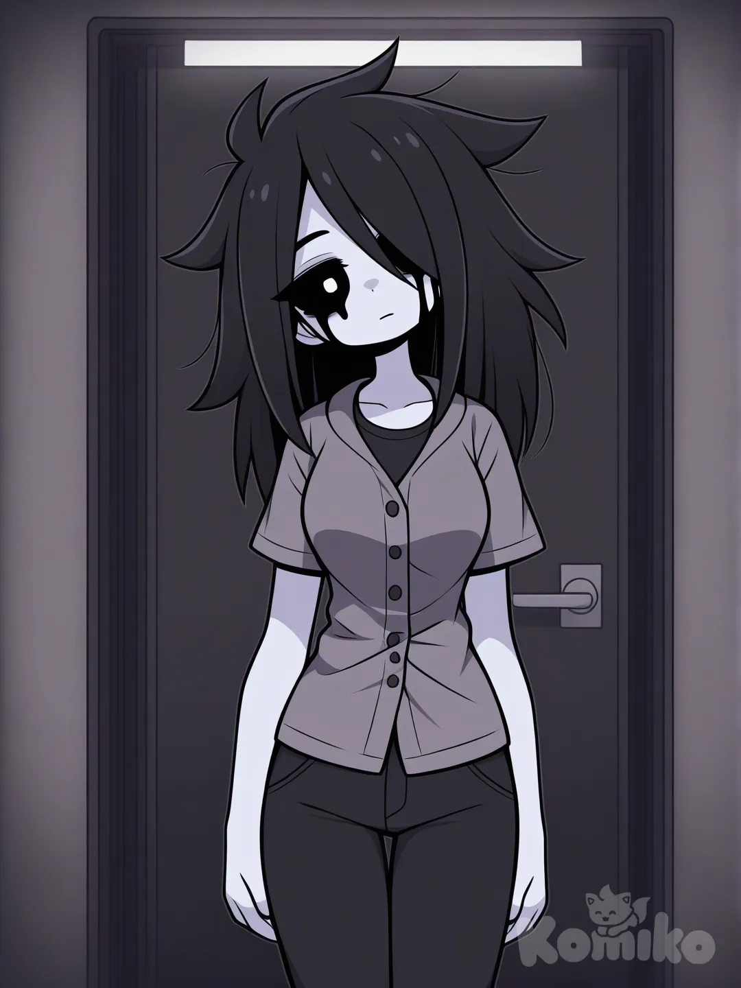 [pop-toon-style], retro style, gothic, 1girl, black hair, spiky hair, straight bangs, slicked-back hair, long hair, teenager, short sleeves shirt, casual pants, sherpa, medium breasts, white pupils, head tilt, black sclera, crying with eyes open, black tears, gray skin, expressionless, depressed, security office, ghost, security door open, horror (theme), buttons, cute face