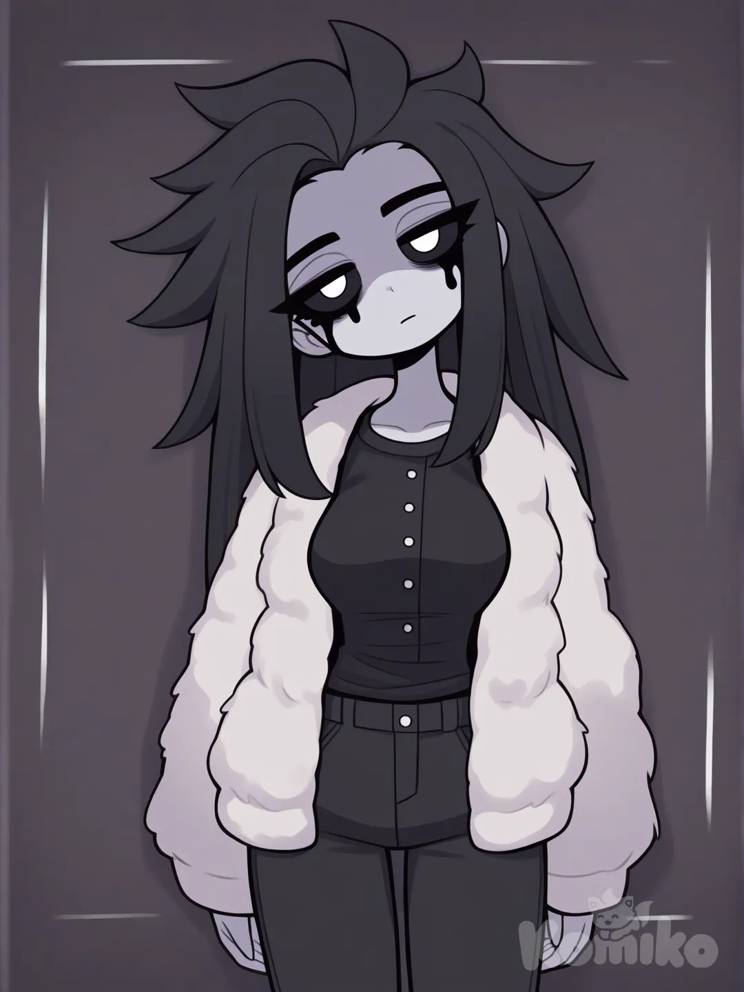 [pop-toon-style], retro style, gothic, 1girl, black hair, spiky hair, straight bangs, slicked-back hair, long hair, teenager, short sleeves shirt, casual pants, sherpa, medium breasts, white pupils, head tilt, black sclera, crying with eyes open, black tears, gray skin, expressionless, depressed, ghost, horror (theme), button, afraid