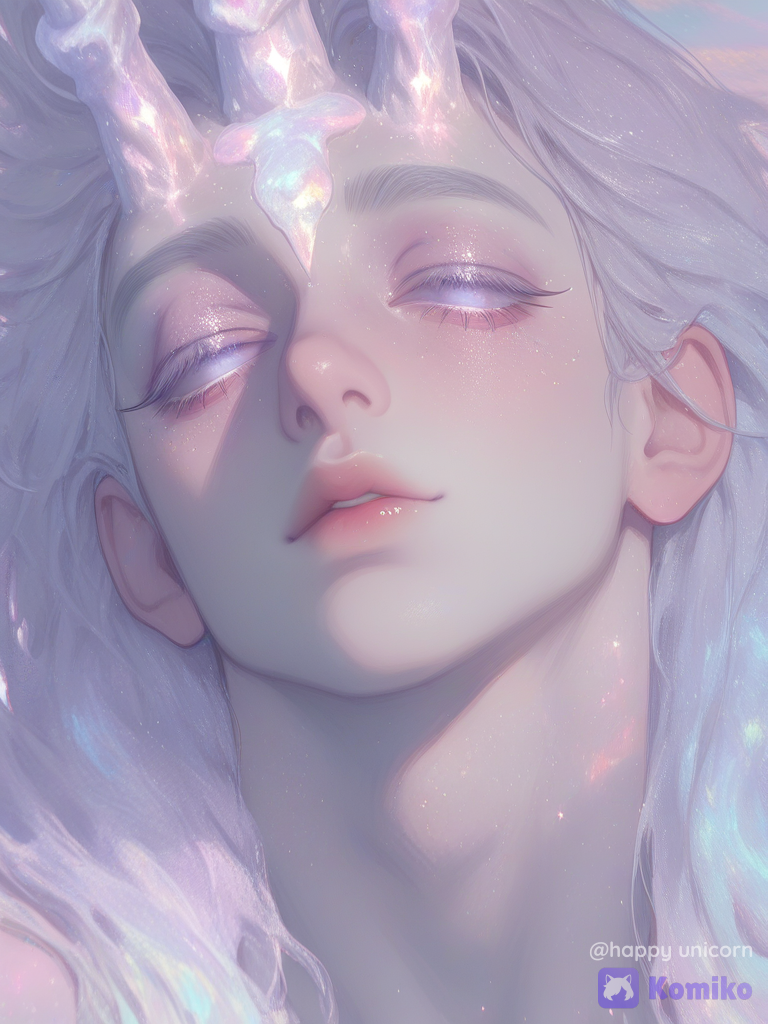 [thick-paint-male-style]solo, 1male, portrait, ethereal, white hair, long hair, gradient hair, pastels, blind eyes, Pearly horn on the forehead, unicorn theme, long eyelashes, white eyelashes, androgynous, jewelry