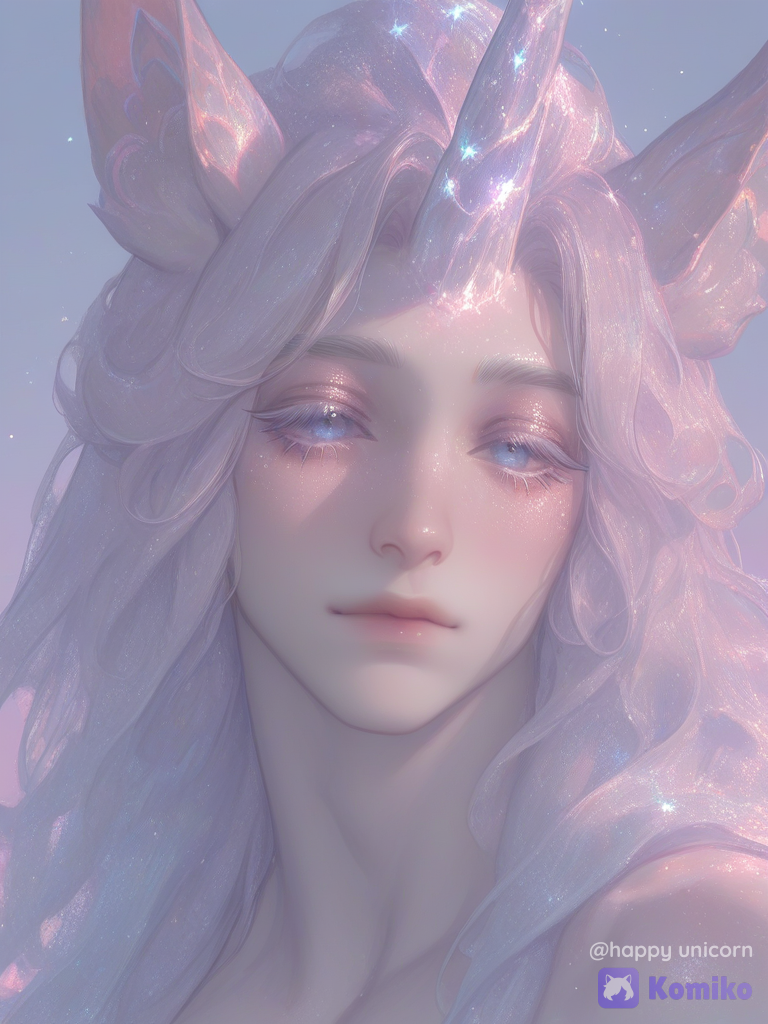 [thick-paint-male-style]solo, 1male, portrait, ethereal, white hair, long hair, gradient hair, pastels, blind eyes, one long Pearly horn on the forehead, unicorn theme, long eyelashes, white eyelashes, androgynous, jewelry