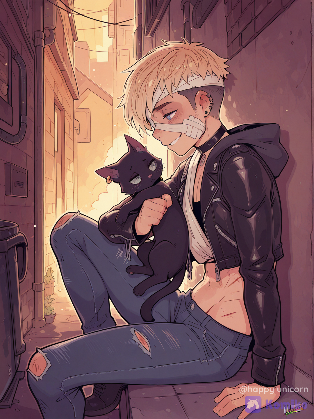 @jonathan-toi-i4rH, hoodie, punk leather jacket, jeans, alley, bandage around head, bandage over eye, Arm in sling, brocken Arm, injured, bruises, scratches, snuggles with black cat, cat in his arms, sad, smiling, sit with one leg drawn up, side view, Art style: Faustsketcher, Dimwitdog, [cyber-candy-style]
