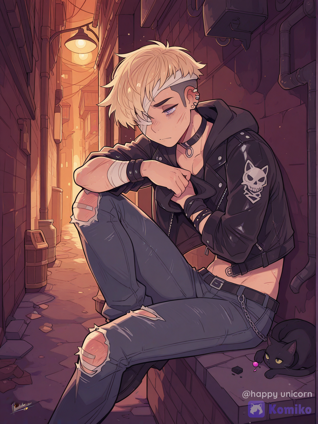 @jonathan-toi-i4rH, grey eyes, glassy look, hoodie, punk leather jacket, jeans, alley, bandage around head, bandage over eye, Arm in sling, brocken Arm, injured, bruises, scratches, snuggles with black cat, cat in his arms, sad, sit with one leg drawn up, Art style: Faustsketcher, Dimwitdog, [cyber-candy-style]