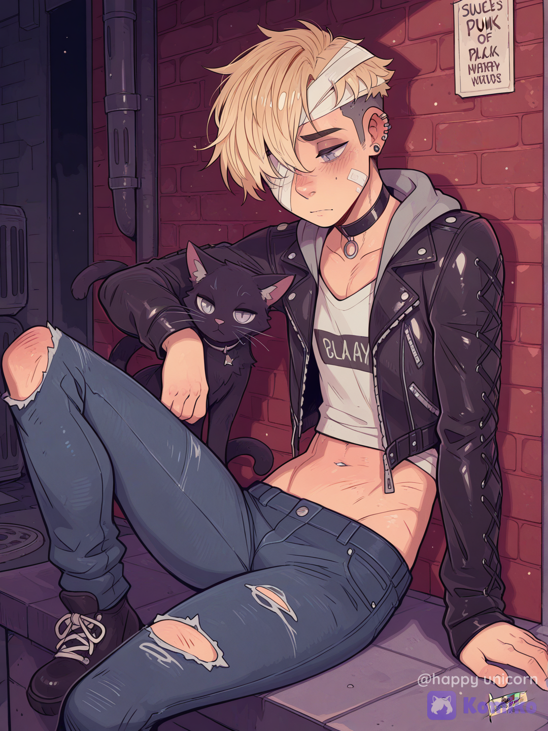 @jonathan-toi-i4rH, grey eyes, glassy look, hoodie, punk leather jacket, jeans, alley, bandage around head, bandage over eye, injured, bruises, scratches, snuggles with black cat, cat in his arms, sad, sit with one leg drawn up, Art style: Faustsketcher, Dimwitdog, [cyber-candy-style]