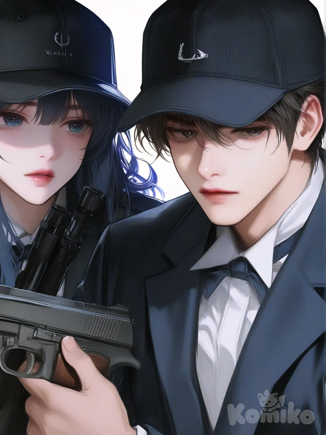 2boys, [semi-realistic-portrait-style], holding gun, baseball cap, tuxedo, mullet, navy blue, klein blue, looking away, backlight, white background
