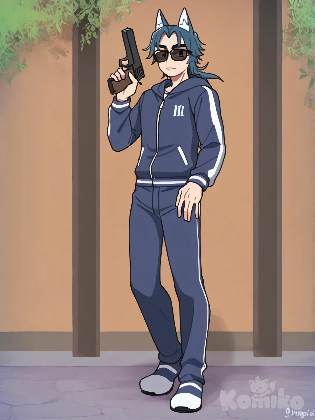 [clean-lines-style], 1boy, holding gun, hoodie, jeans, tracksuit, wolf ears, sunglasses, mullet, navy blue, full body, day, cafe