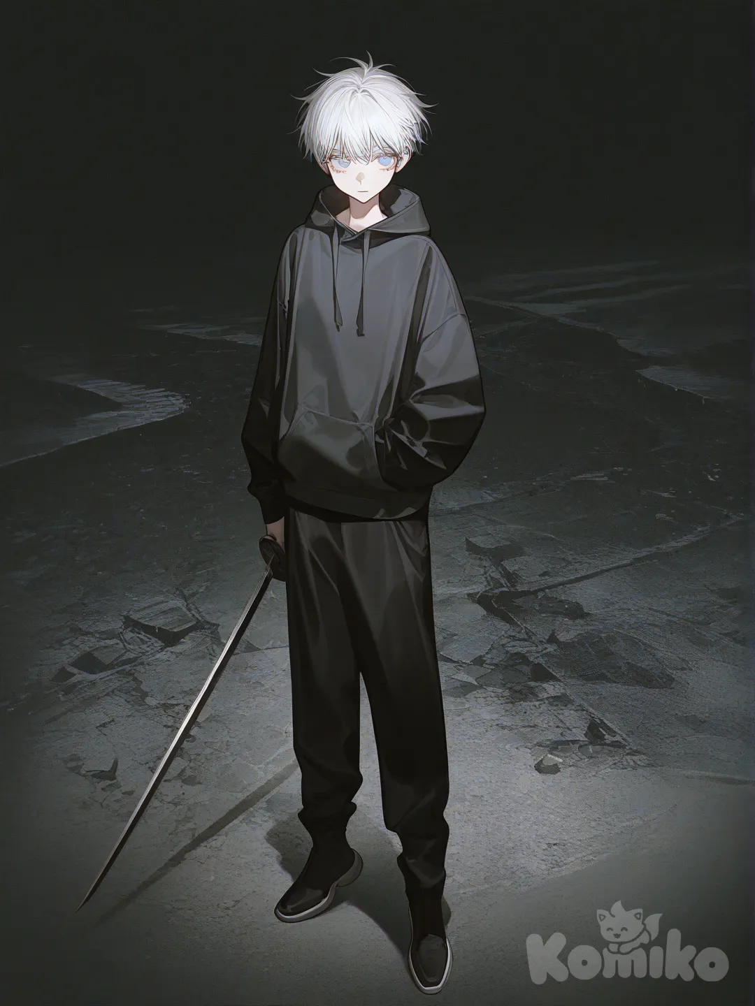 1girl, [high-contrast-glossy-style], holding sword, hoodie, full body, Gojou Satoru