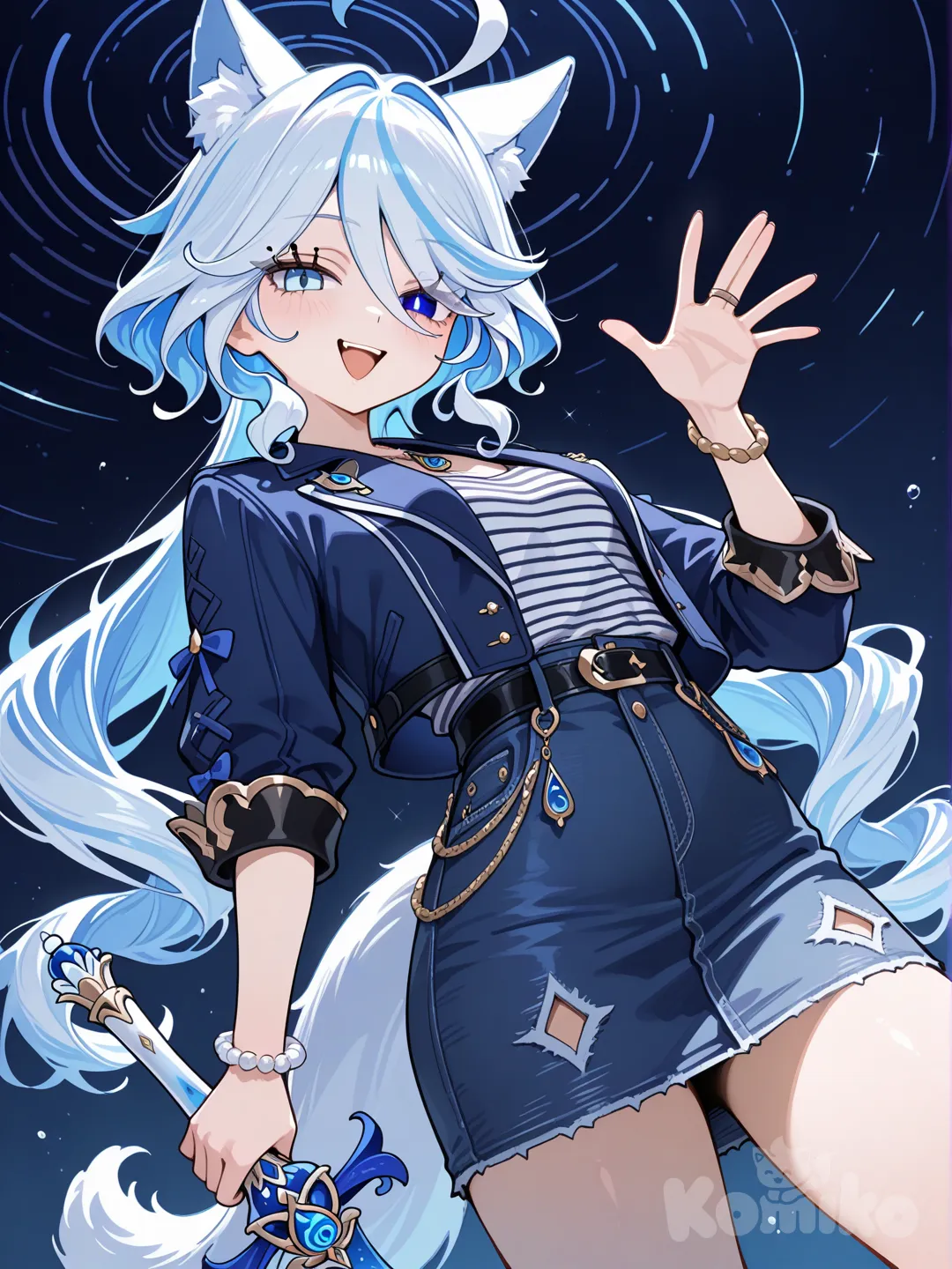 @Furina_(Genshin_Impact), striped shirt, waving, outdoor adventure jacket, denim skirt, little black dress, fox ears, necklace, hair accessory, bracelet, spiral curls, fluffy curls, burgundy, from below, holding sword, evil smile, open mouth