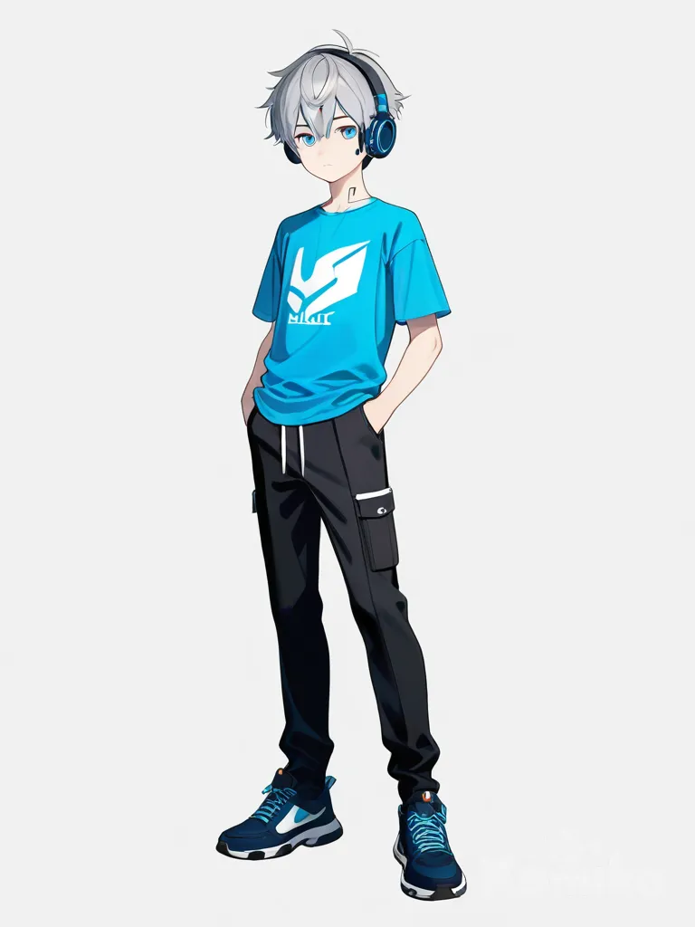 1boy, cyberpunk, teenager, athletic, slim, grey_hair, blue_eyes, dimple, fair_skin, t-shirt, headphones, single character, full body, looking at viewer, anime style, simple background, white background