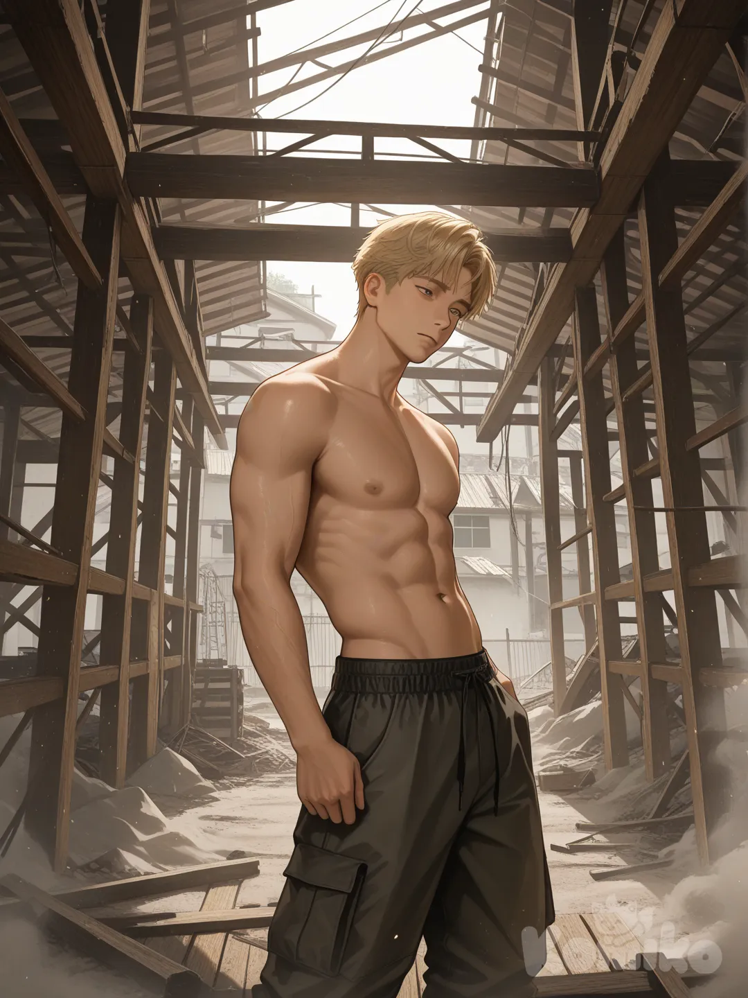 18+, um homem asiático com cabelos loiros sem camisa em uma casa em obra