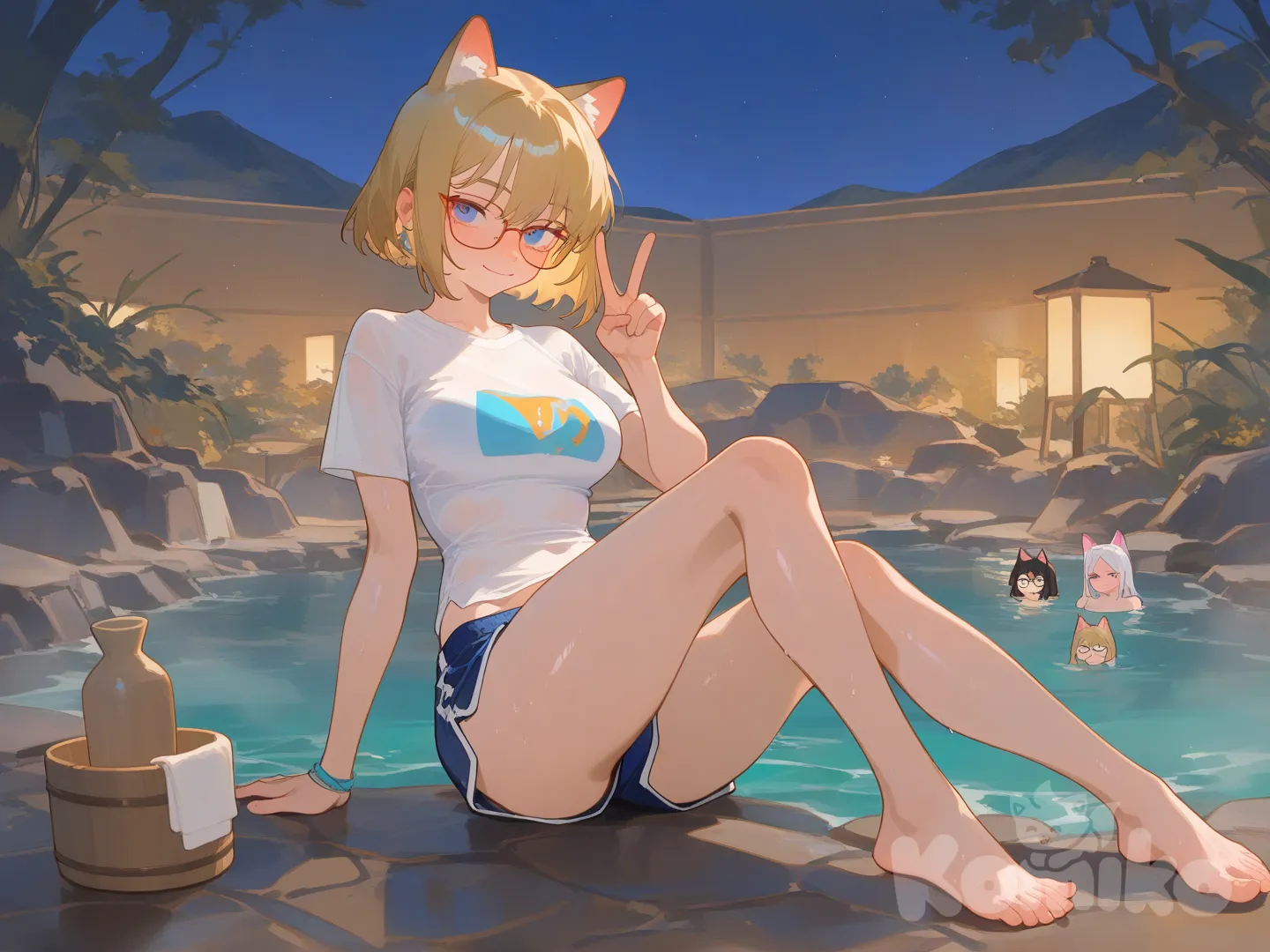 Gwen Stacy, [soft-shading-style], v sign, t-shirt, beach shorts, studs, glasses, cat ears, klein blue, full body, ambient light, onsen, bob cut