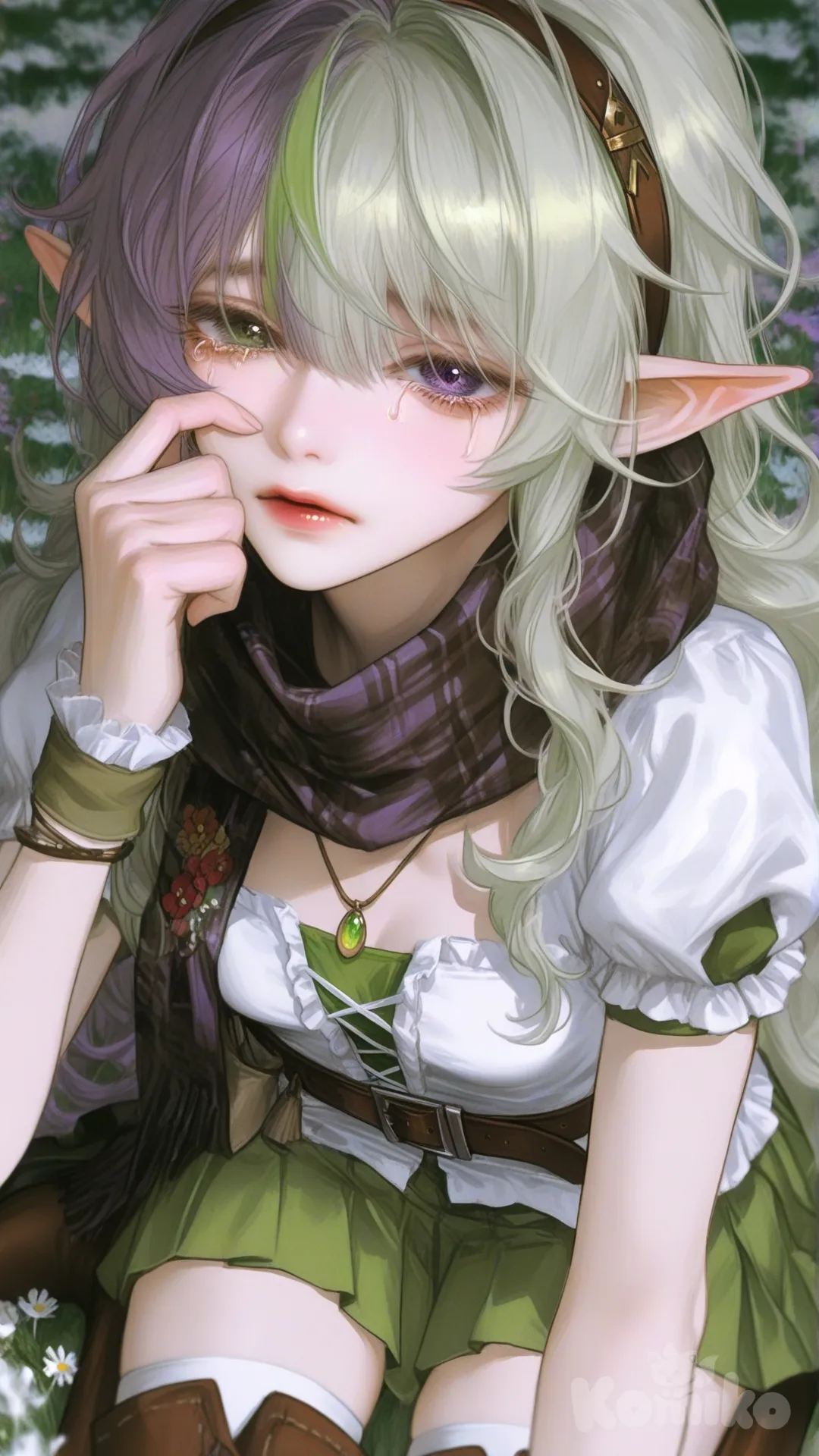 @fila-satvera-XOqz, [semi-realistic-portrait-style], wiping tears, closeup, looking at viewer, flower field, side light