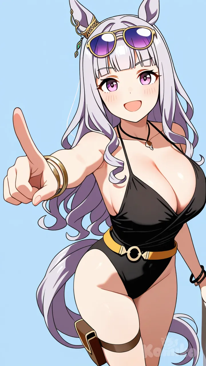 gold ship \(run revolt launcher) (umamusume\), umamusume, 1girl, horse girl, horse ears, horse tail, purple eyes, eyewear on head, long hair, grey hair, blunt bangs, large breasts, medium breasts, cleavage, thigh strap, sunglasses, black one-piece swimsuit, casual one-piece swimsuit, bare shoulders, bracelet, happy, pointing at the camera