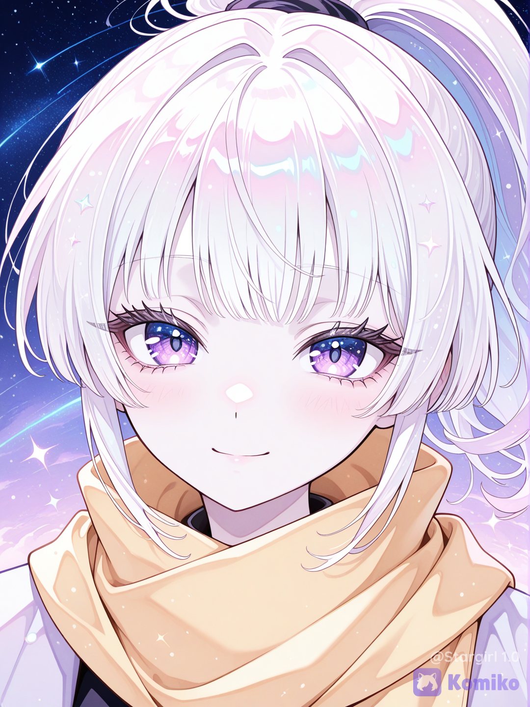 Girl, close up, looking at viewer, purple eyes, no eyebrows, long eyelashes, pale skin, White hair, High ponytail, bangs covering left eye, Yellow scarf, starry sky, starry background, glittering Eye, Pastel colors, glossy, tegami bachi character, hiroyuki asada style, soft smile