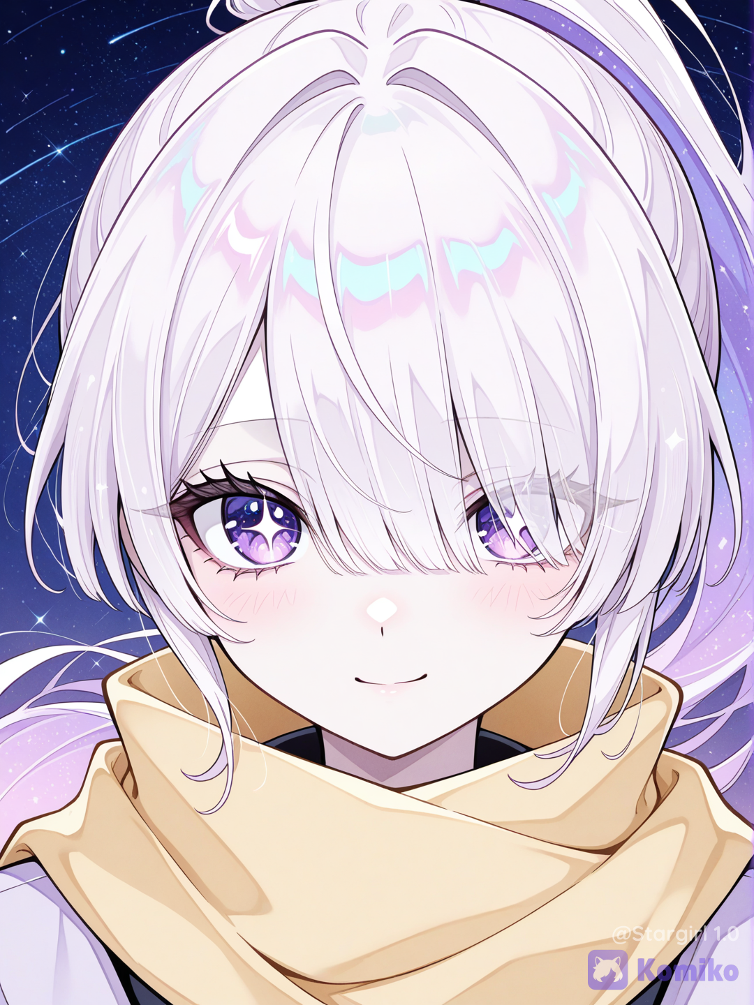 Girl, close up, looking at viewer, purple eyes, no eyebrows, long eyelashes, pale skin, White hair, High ponytail, long bangs covering One Eye, bangs covering left eye, Yellow scarf, starry sky, starry background, glittering Eye, Pastel colors, glossy, tegami bachi character, hiroyuki asada style, soft smile