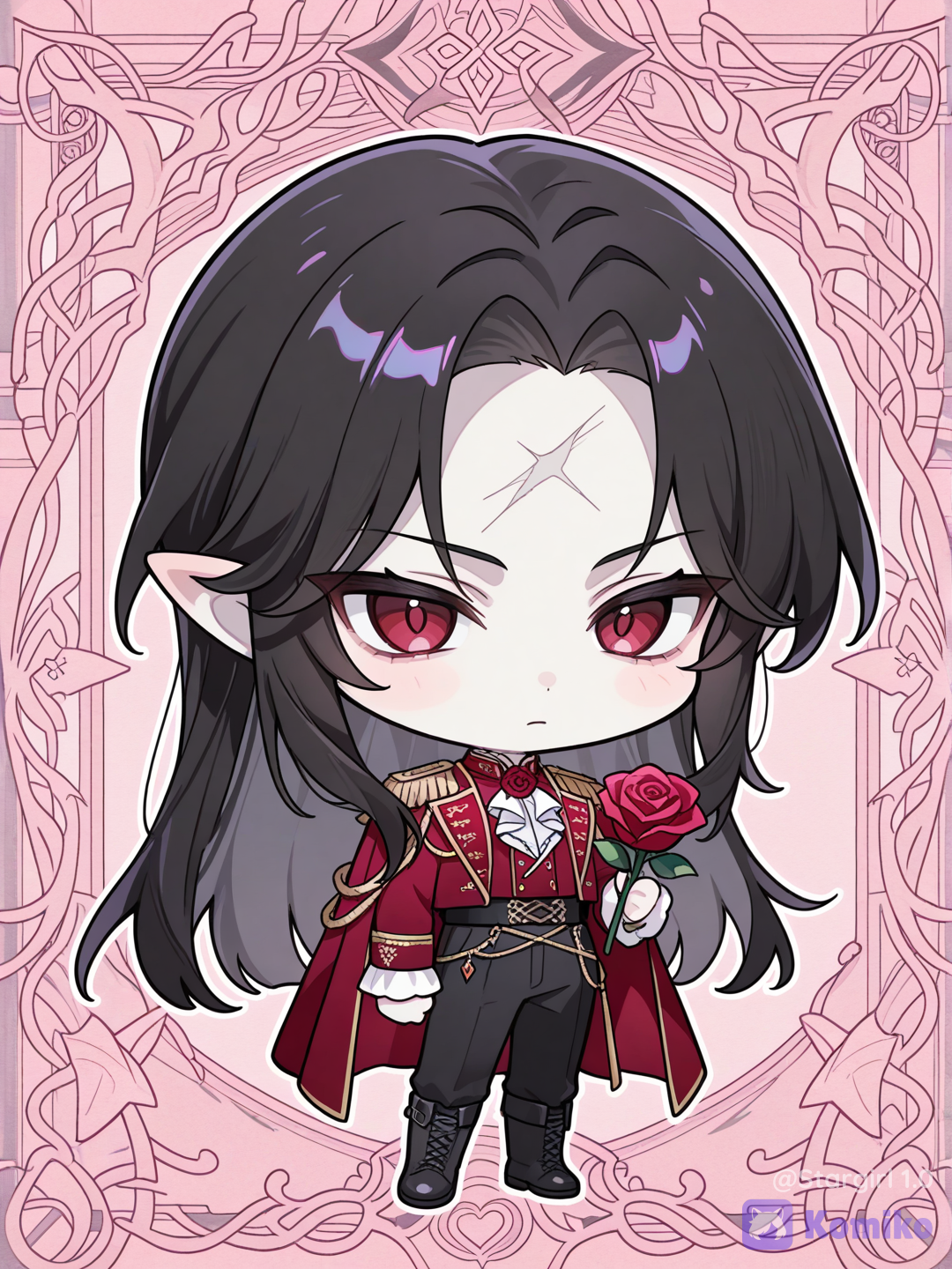 Chibi, man, serious look, standing, Red rose in One hand, long smooth hair, long straight hair black hair, parted long bangs, forehead exposed, pale skin, Red eyes, royal jacket, dark Red royal jacket, White ruffle shirt, black pants, black boots, pastel colors, glossy, pointy ears
