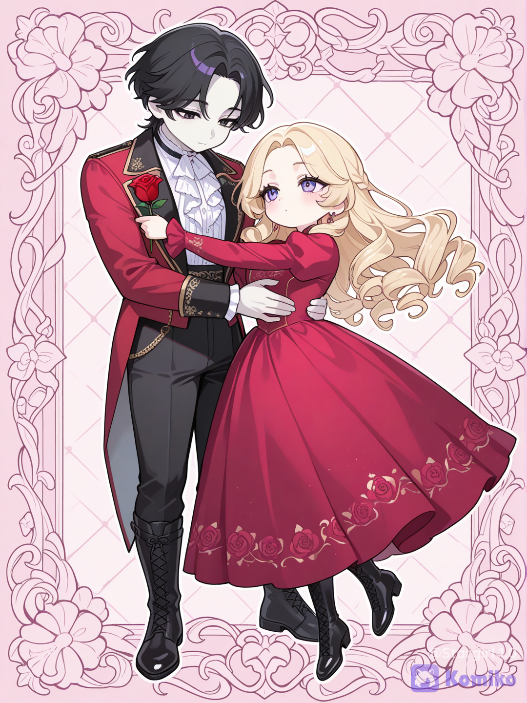 Chibi, chibi couple, tall man with pale skin, long smooth hair, parted bangs, long black hair, Red royal jacket, White ruffle shirt, black pants and boots, embrace the girl, romantic embrace, girl With long curly hair, blonde hair, long Red dress, Square neckline dress, leg motton sleeves, rose in one hand, man embrace the girl, romantico couple, glossy, pastel colors