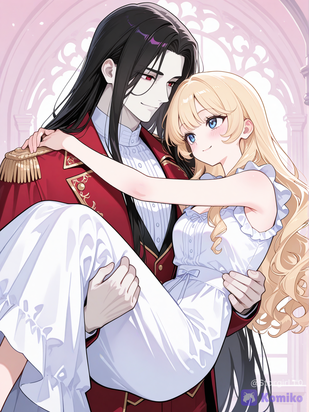 1boy, 1girl, 2people, man carry woman, princess carry, tall man, pale skin, long hair, smooth hair, black hair, straight hair, Red eyes, dark Red jacket, royal jacket, White shirt, ruffled shirt, looking at each other, woman, Blue eyes, long hair, blonde hair, curly hair, White dress, long dress, sleevless, square neckline, arms around man's shoulders, soft smile, romance, pastel colors