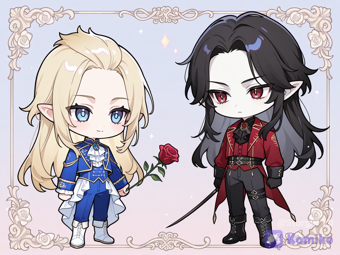 2 chibi, standing next to each other, looking at each other.
1chibi man with Blue eyes, pale skin, pointy ears, bangs on One side, long hair, blonde straight hair, Blue royal jacket, White ruffle shirt, blue pants, White boots, White rose in hand, soft smile, glossy, pastel colors 1chibi man with Red eyes, pale skin, pointy ears, long smooth hair, black hair, forehead exposed, dark Red royal jacket, White ruffle shirt, black pants, black boots, Red rose in hand, serious look, glossy, pastel colors