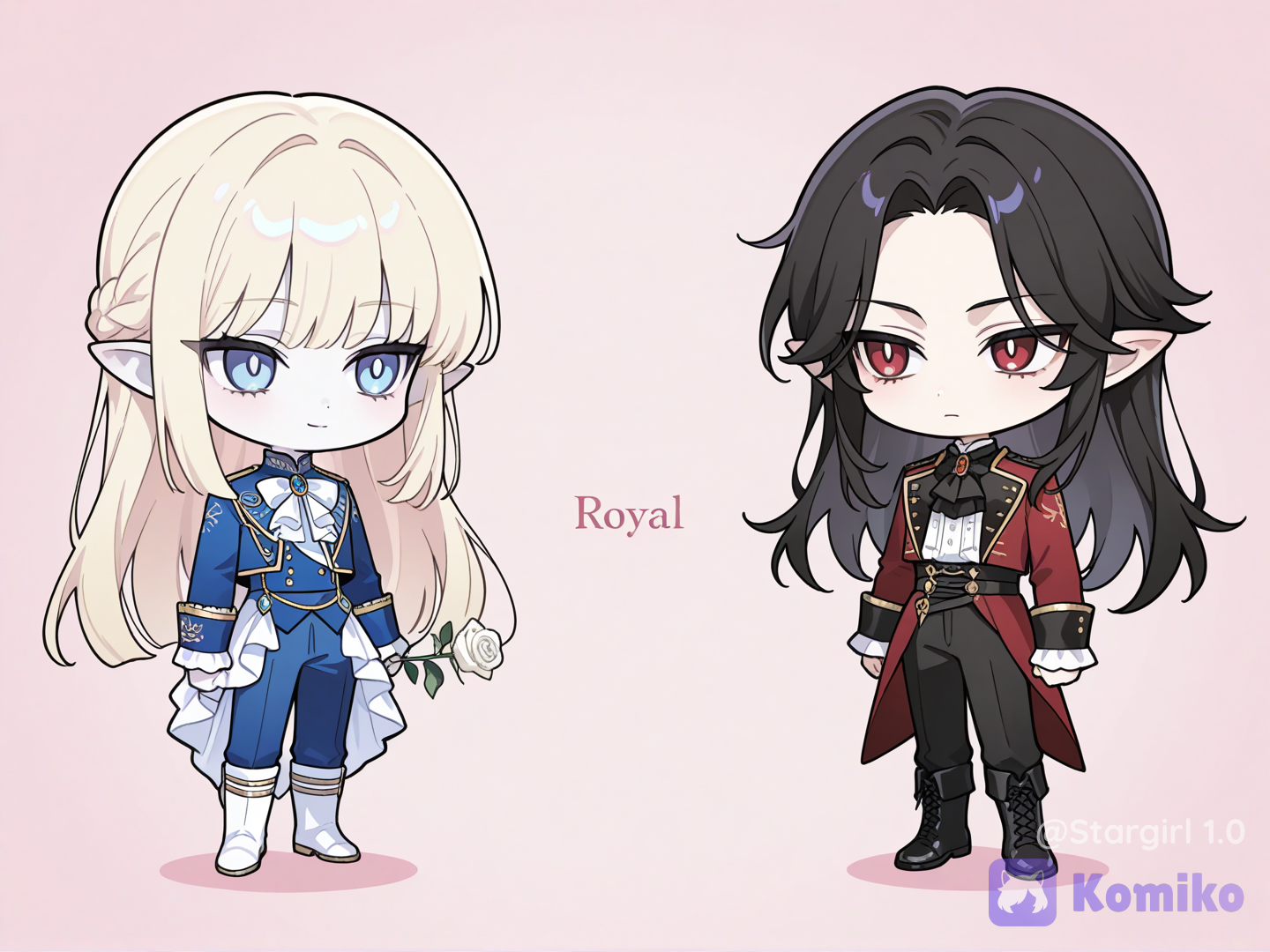 2 chibi, standing next to each other, looking at each other.
1chibi man with Blue eyes, pale skin, pointy ears, bangs on One side, long hair, blonde straight hair, Blue royal jacket, White ruffle shirt, blue pants, White boots, White rose in hand, soft smile, glossy, pastel colors 1chibi man with Red eyes, pale skin, pointy ears, long smooth hair, black hair, forehead exposed, dark Red royal jacket, White ruffle shirt, black pants, black boots, Red rose in hand, serious look, glossy, pastel colors
