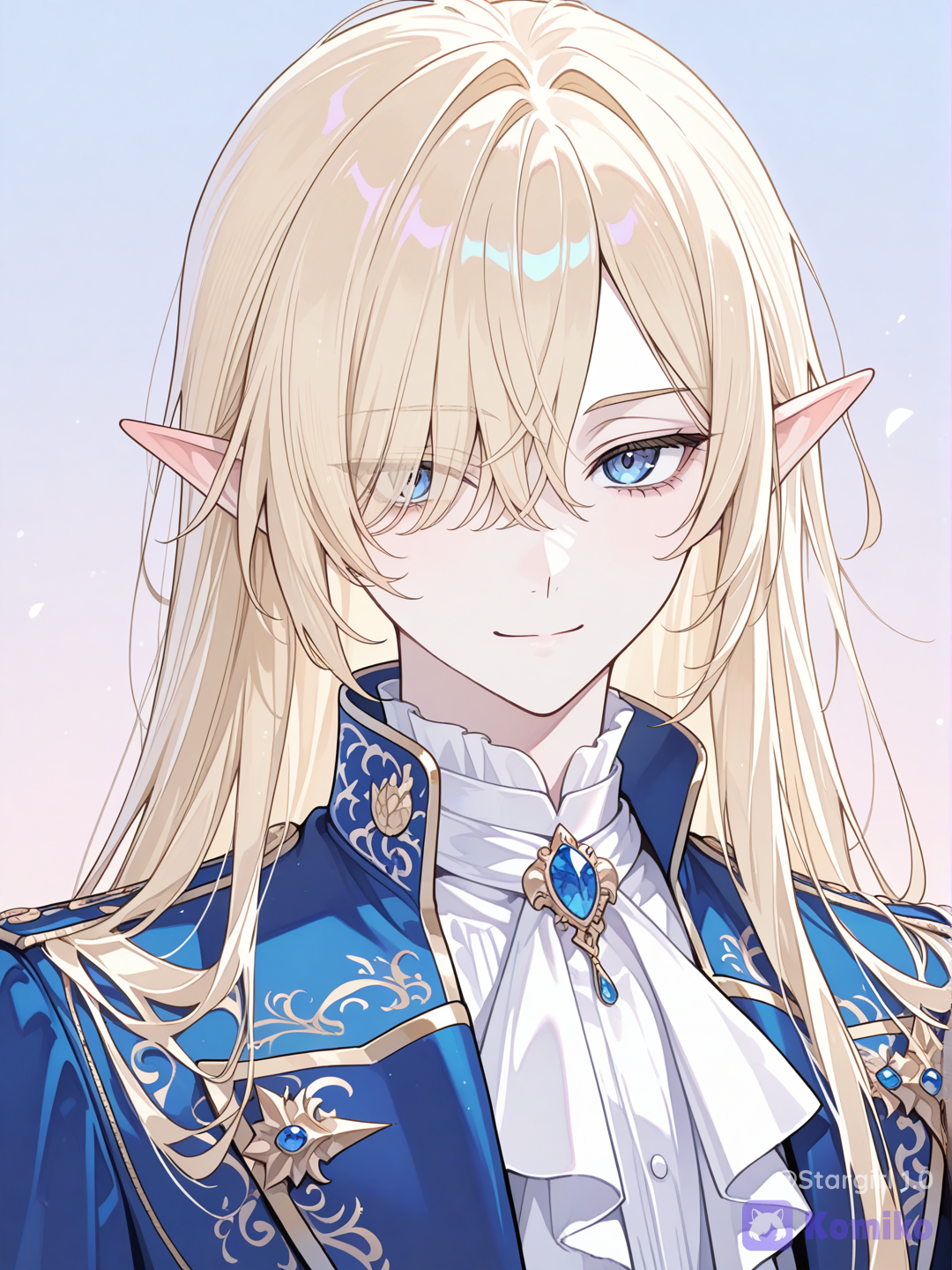 Man, perfect face, Blue eyes, blonde hair, messy bangs, bangs cover One Eye, long hair, straight hair, blonde hair, pointy ears, pale skin, elegant, beautiful man, white ruffled shirt, royal jacket, Blue jacket, half body, regal, looking at viewer, soft smile, pastel colors