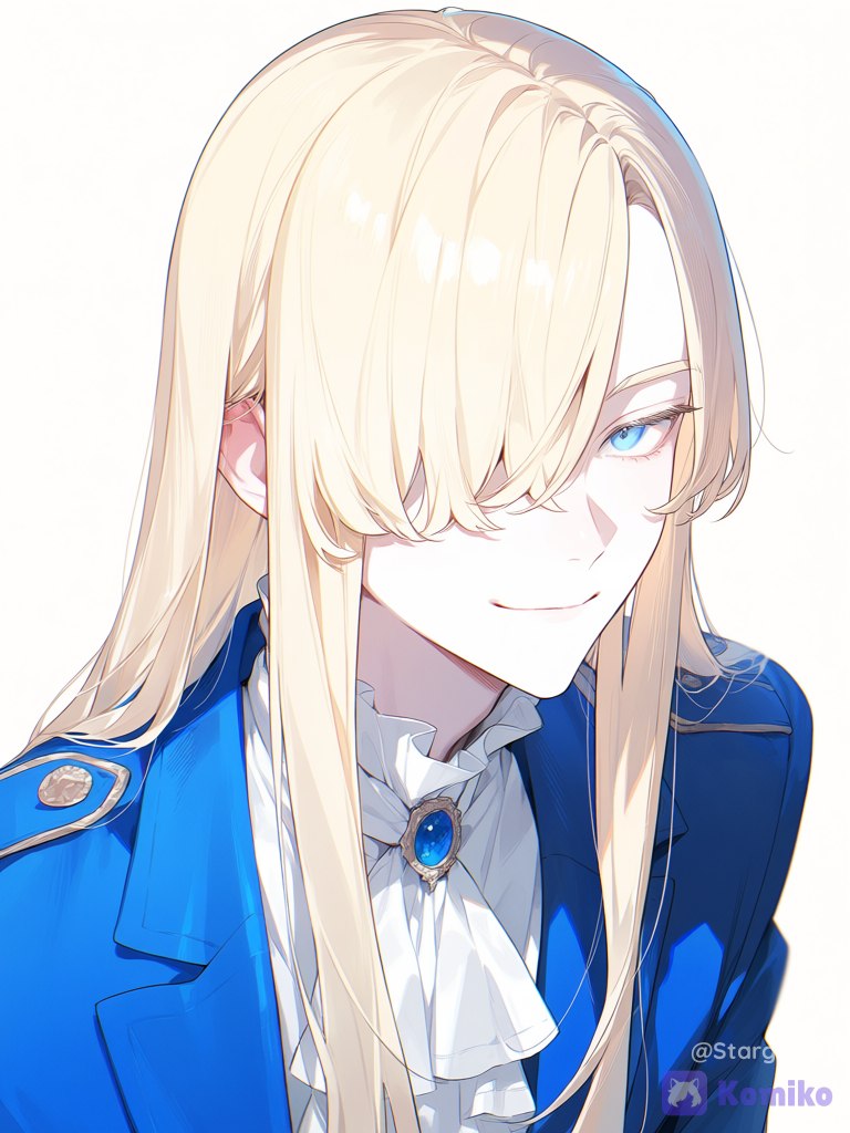 Man, perfect face, semi realistic, pale skin, blonde hair, smooth straight hair, Mullet, ruffled bangs on One Eye, One side bangs, wavy bangs, long hair, blue eyes, soft dmile, White ruffled shirt, bright blue jacket, royal jacket, half body, pastel colors