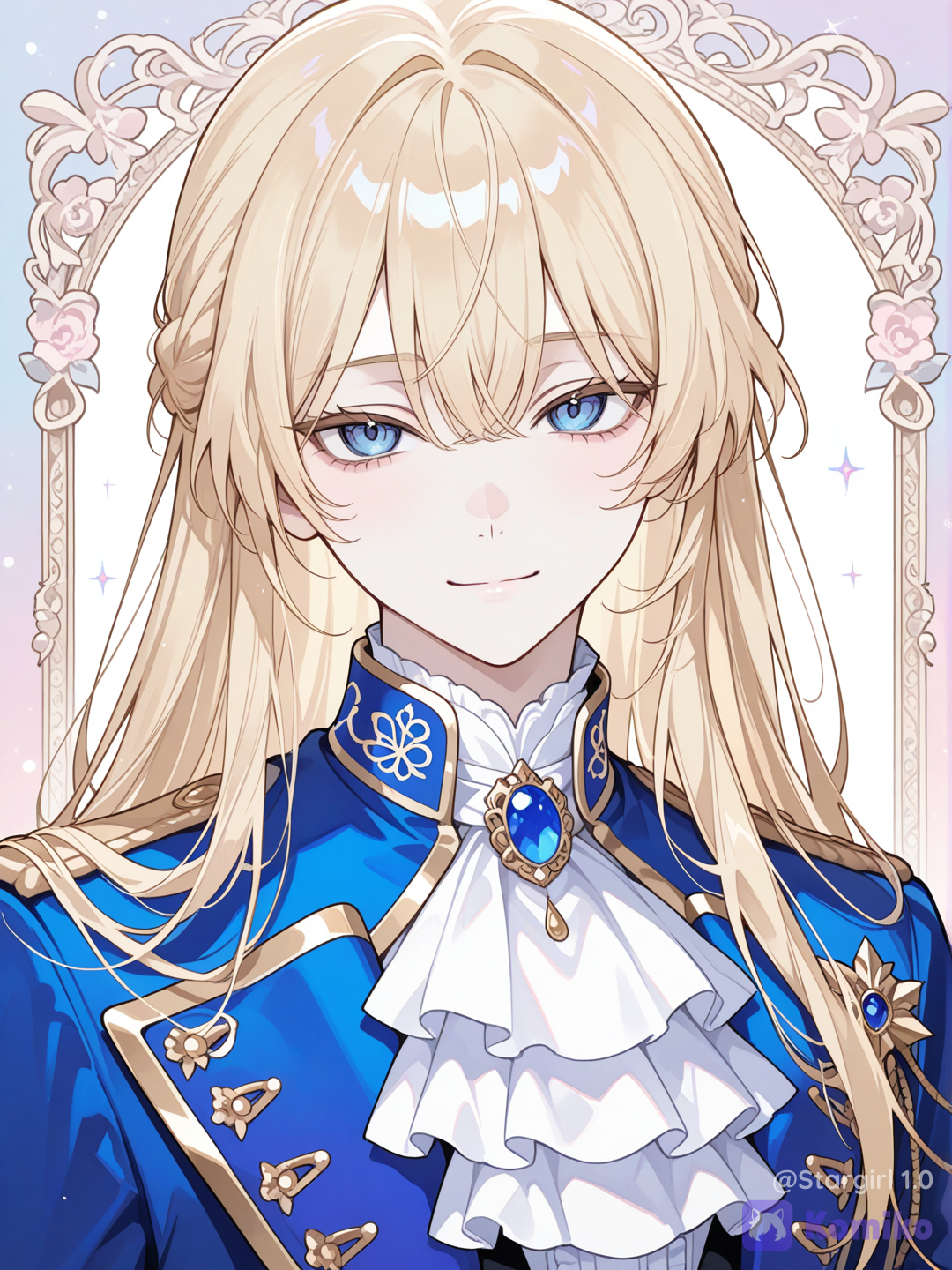 Man, perfect face, semi realistic, pale skin, blonde hair, smooth straight hair, wavy bangs on side, long hair, blue eyes, soft smile, White ruffled shirt, blue jacket, royal jacket, half body, pastel colors