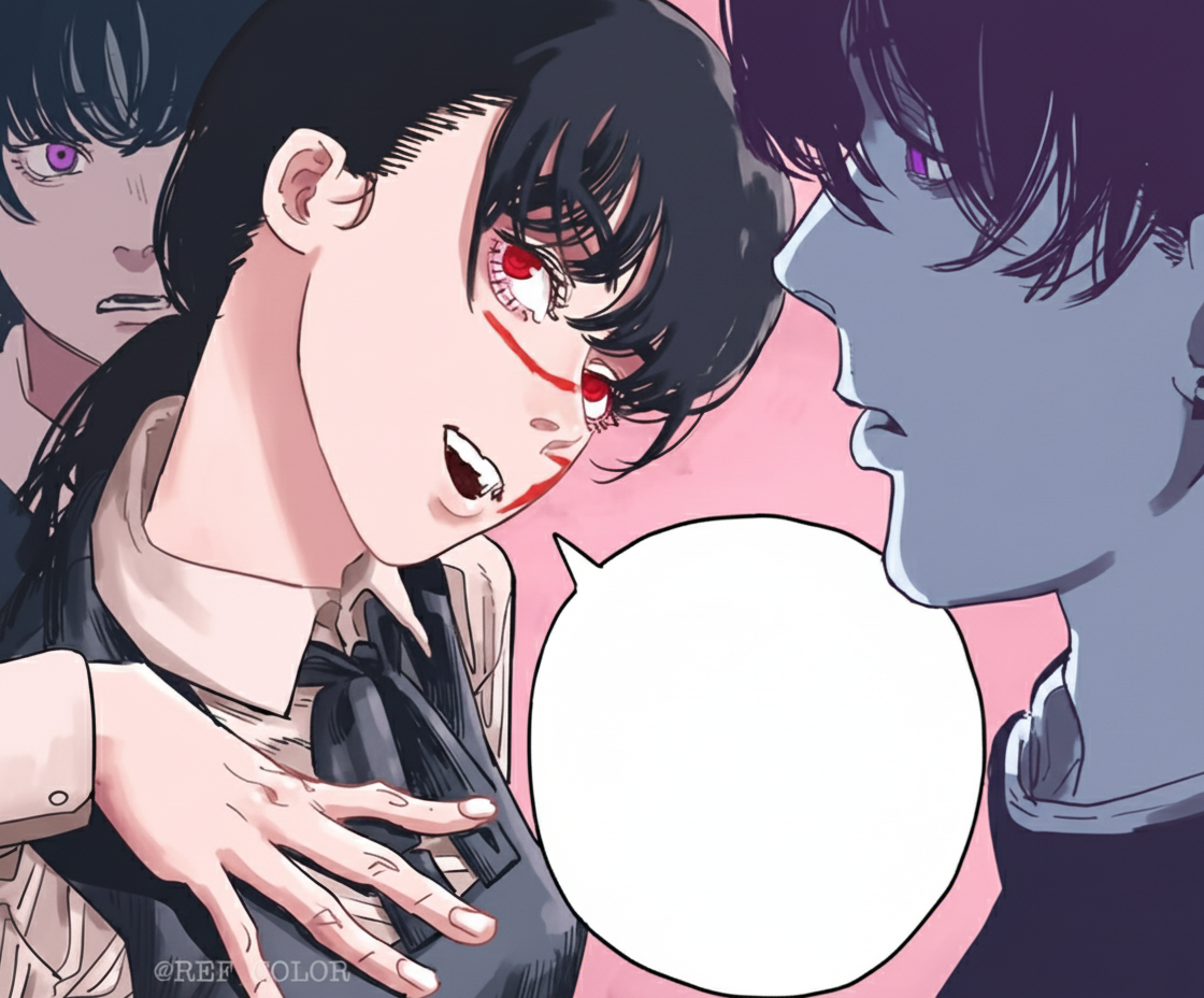 1boy purple eyes, purple hair, 1girl, red eyes, dark blue hair