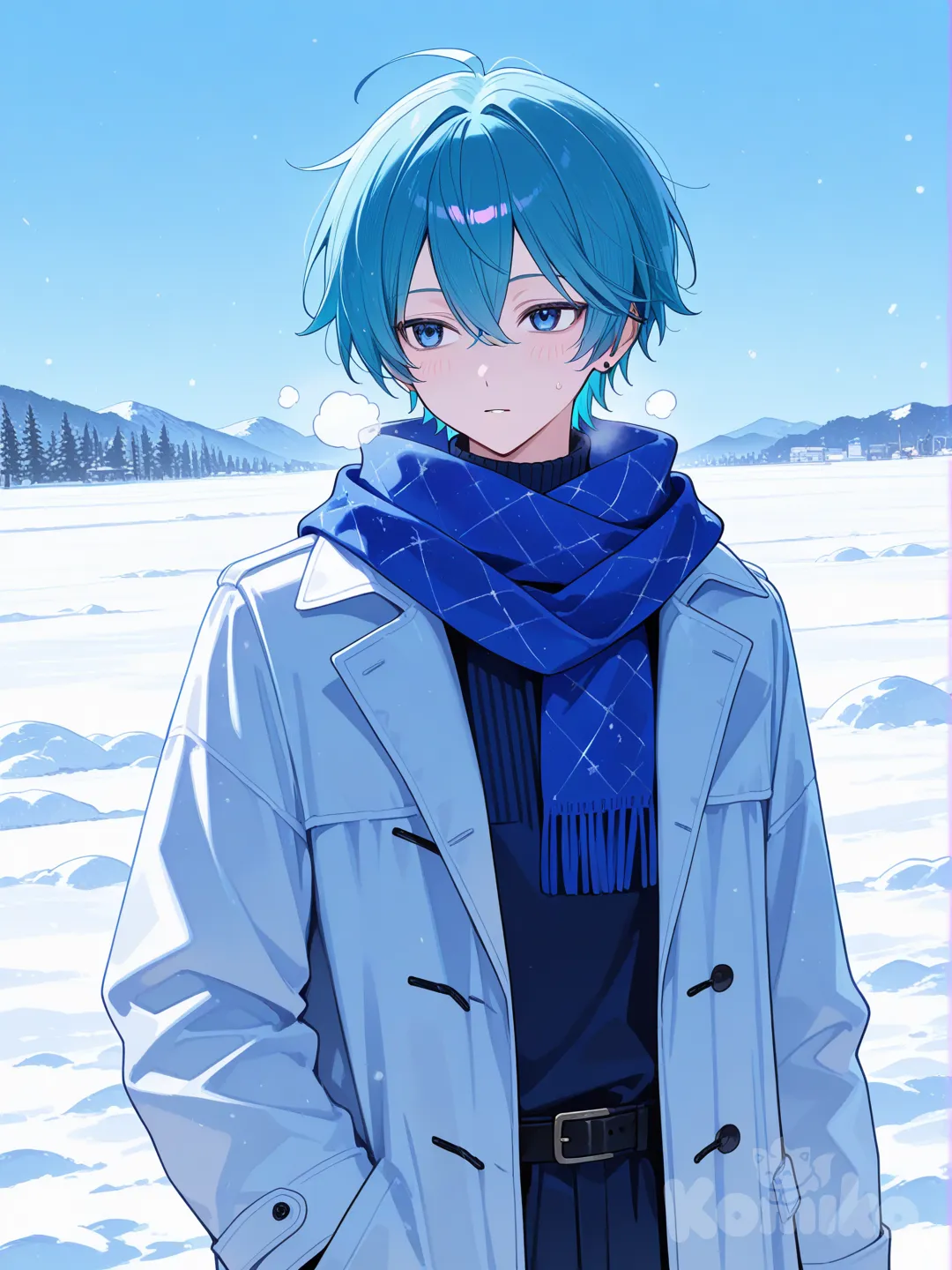 A vocaloid boy, blue hair and blue eyes, wearing a long outfit blue and white, with a blue scarf