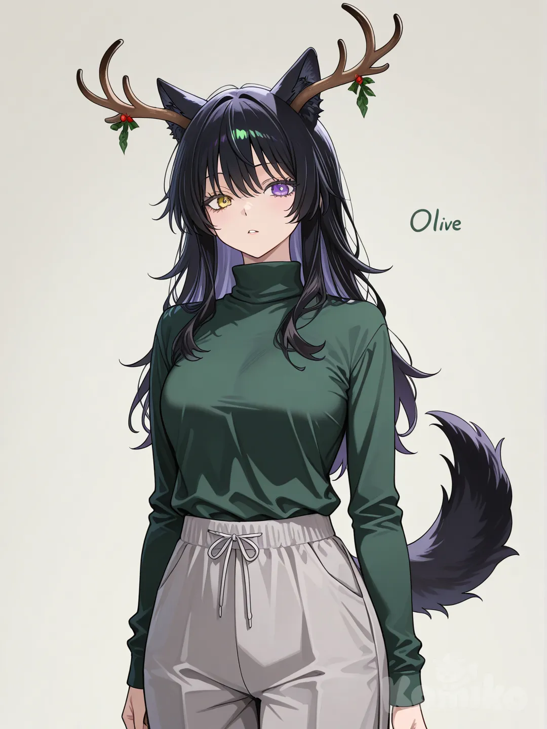 Long black hair 
Yellowish gold right eye and grayish purple left eye
Wolf ears and a tail and deer antlers 
Deep olive green Tuttle neck and gray sweat pants, @Gojou_Satoru