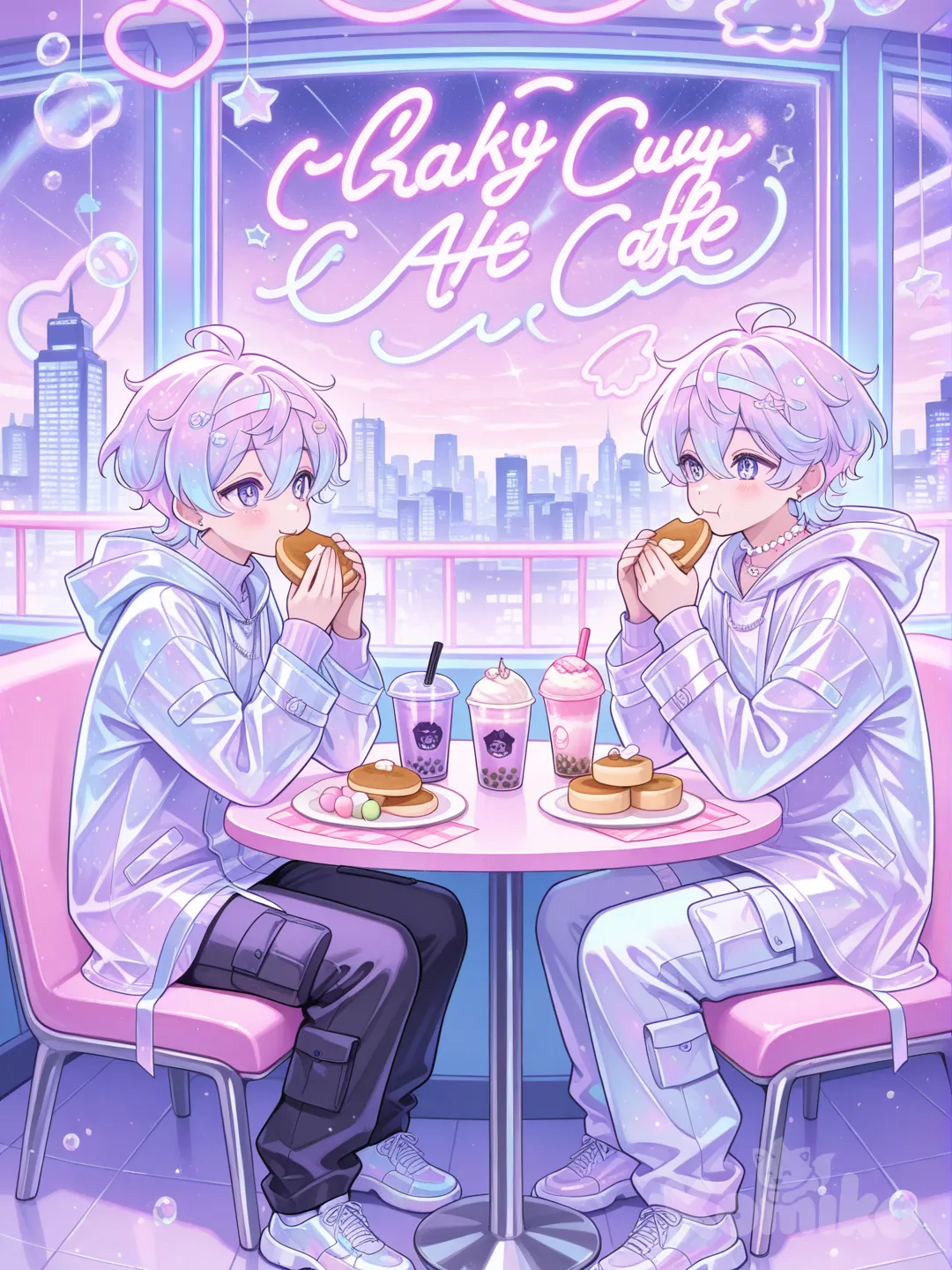 Cute twins in coffe eating 🧇🥞🍡🧋