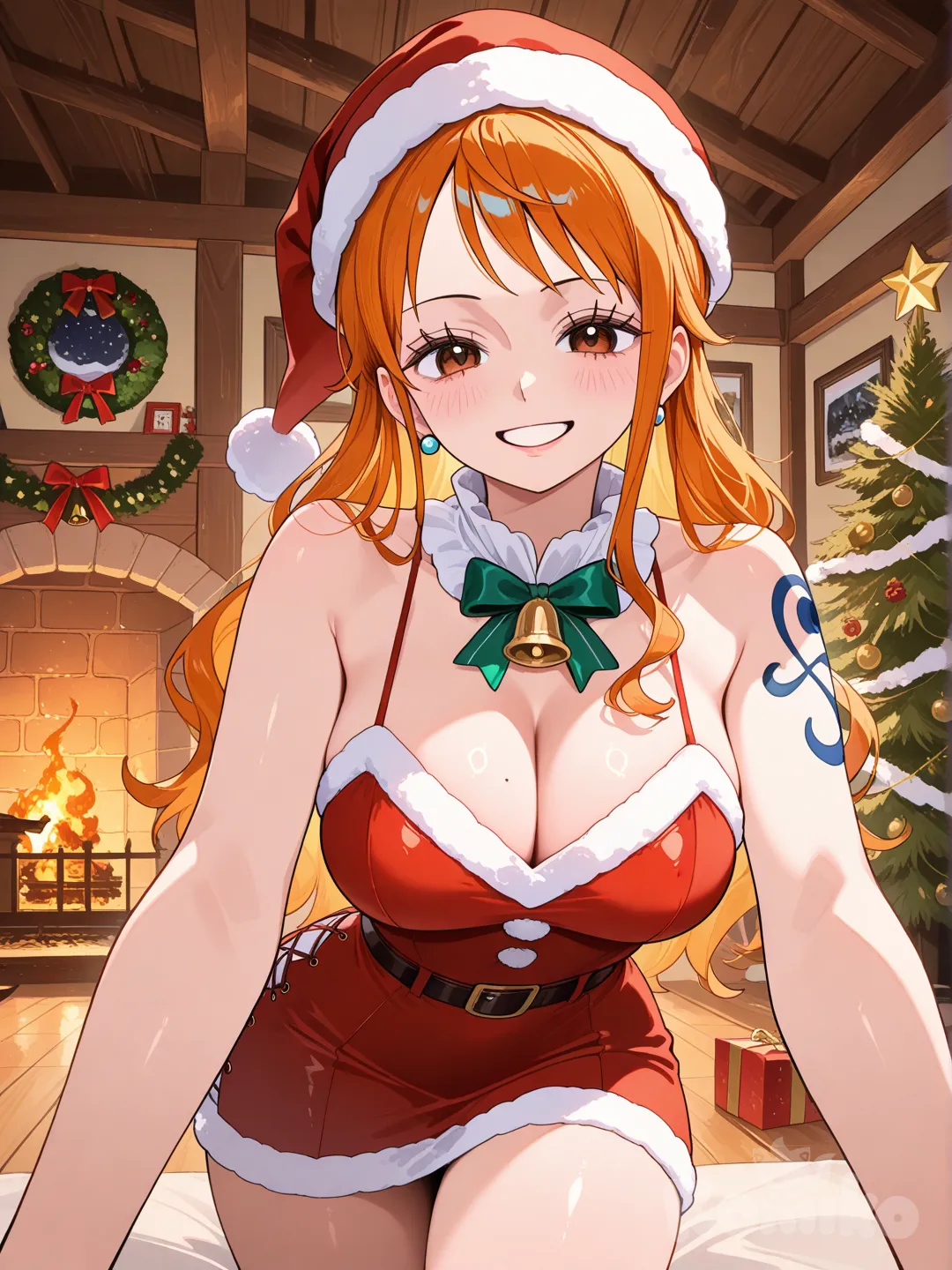nami (one piece), chrismas,chrismas outfit,wooden house,chrismas tree