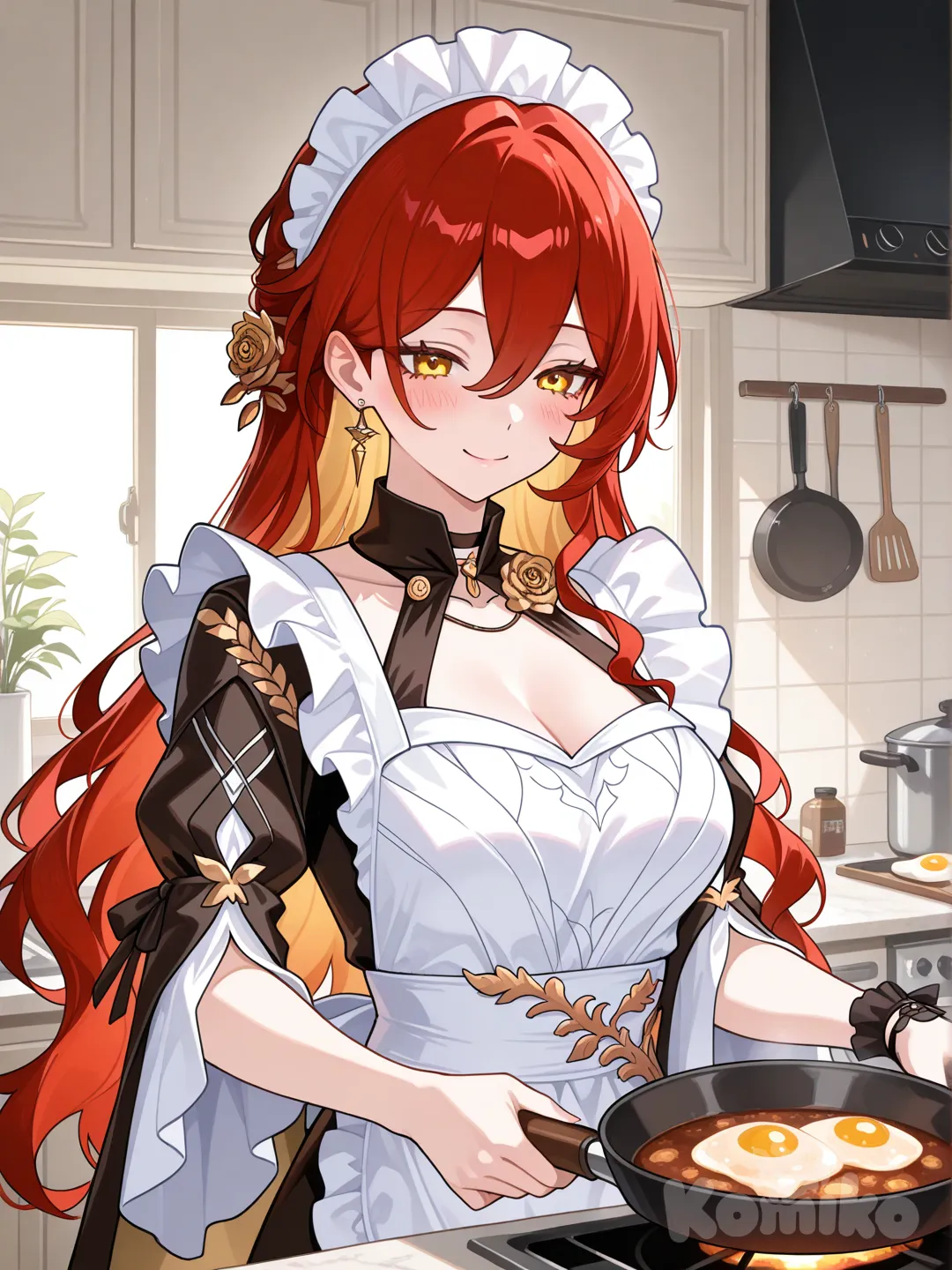 himeko (honkai: star rail), maid apron, making breakfast, happy