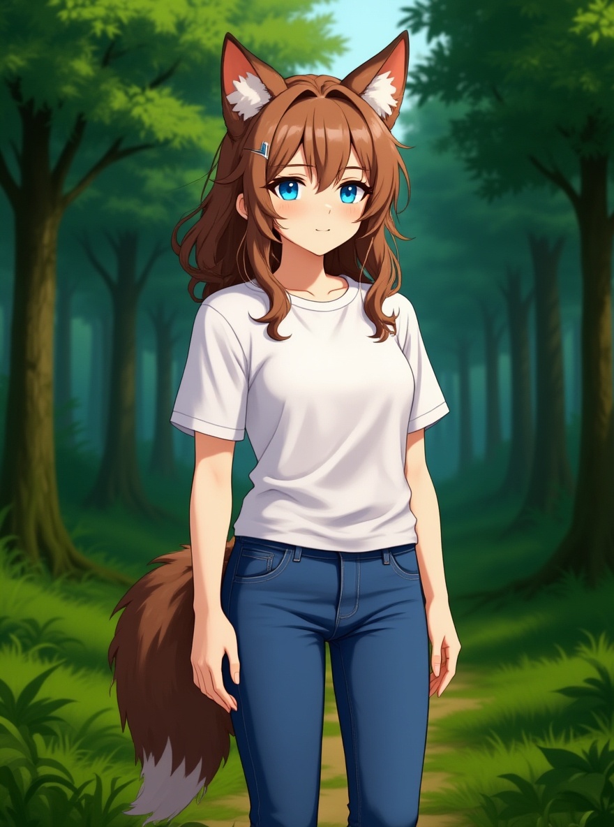 1girl, wolf girl, petite, short, brown hair, blue eyes, fair skin, t-shirt, jeans, anime forest background, single character, full body, looking at viewer, anime style