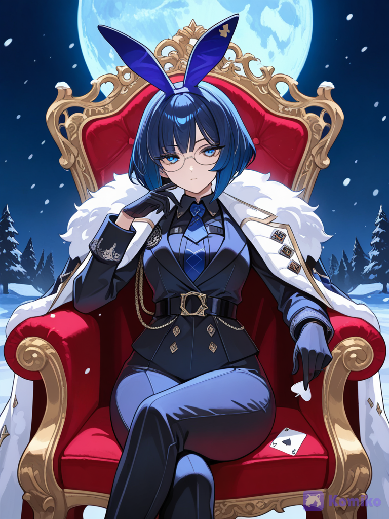 A cute girl with a black and blue hair messy bob haircut, wearing a premium suit on, glasses on, purple fluffy fox hairband, sitting on a classy throne, large full blue moon behind. Snowing effect. Holding a spade made out of diamonds