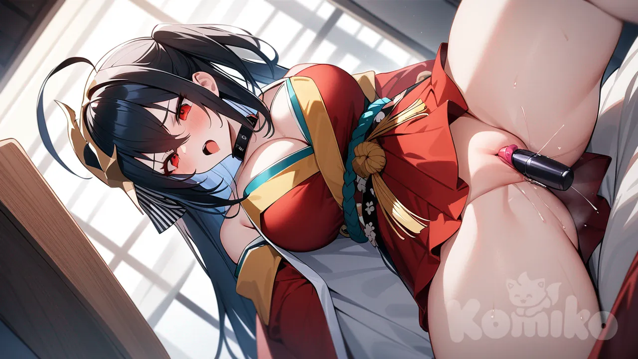 taihou (azur lane), vaginal, sex toy, red dress, collar, pussy juice, vaginal object insertion