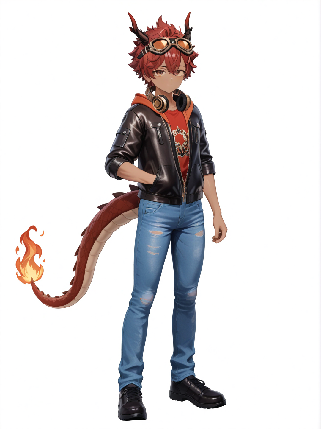 [3d-anime-style] 1boy, teenager, athletic, tall, slim, red hair, spiky hair, curly hair, dark skin, brown eyes, little dragon horns, dragon tail, fire, dragon t-shirt, unzipped hoodie, leather jacket, headphones around neck, goggles on head, jeans, genshin impact style, single character, full body, looking at viewer, anime style, simple background, white background