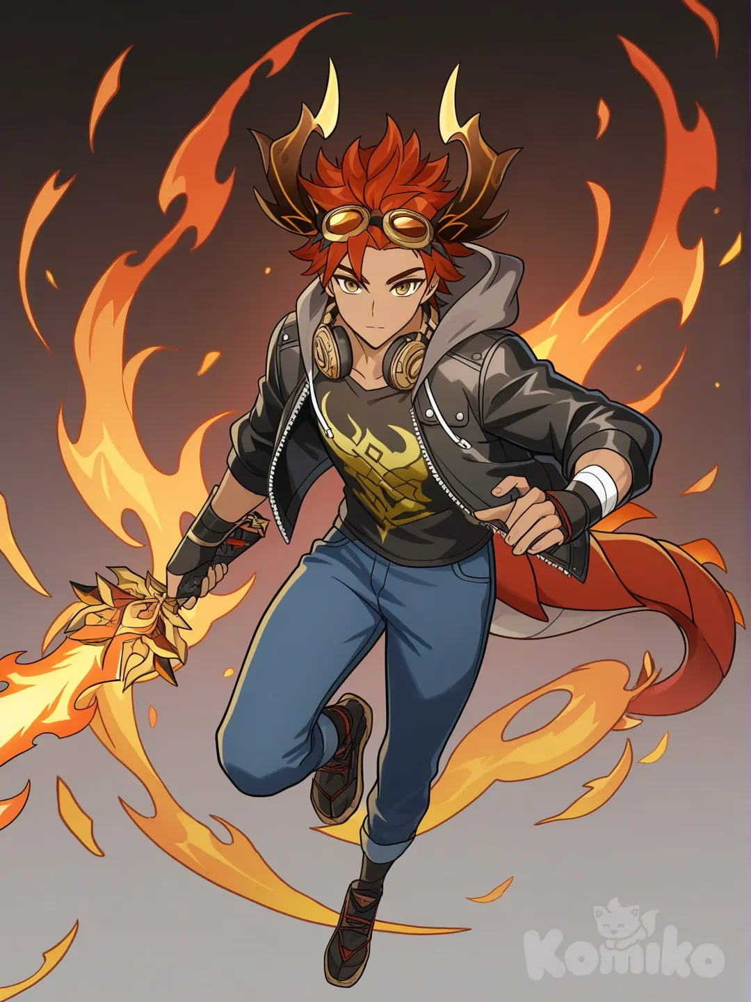 1boy, teenager, athletic, tall, slim, red hair, spiky hair, curly hair, dark skin, brown eyes, little dragon horns, dragon tail, fire, dragon t-shirt, unzipped hoodie, leather jacket, headphones around neck, goggles on head, jeans, a ninja samurai flaming sword, genshin impact style, single character, full body, looking at viewer, anime style, simple background, white background, [bright-anime-style]