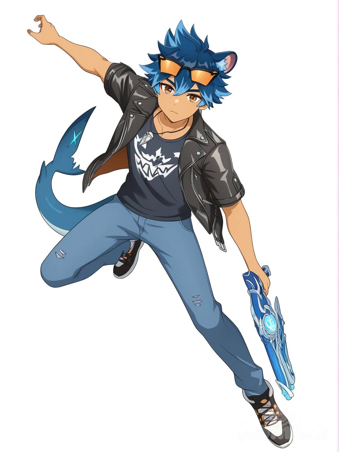 1boy, teenager, athletic, tall, muscular, blue hair, spiky hair, dark skin, brown eyes, lion ears, shark tail, sharks lion t-shirt, leather jacket, tooth necklaces, sunglasses on head, jeans, genshin impact style, straight hair, water power, water lion gun on left hand, ice shark gun on right hand, single character, full body, looking at viewer, anime style, simple background, white background, [bright-anime-style]