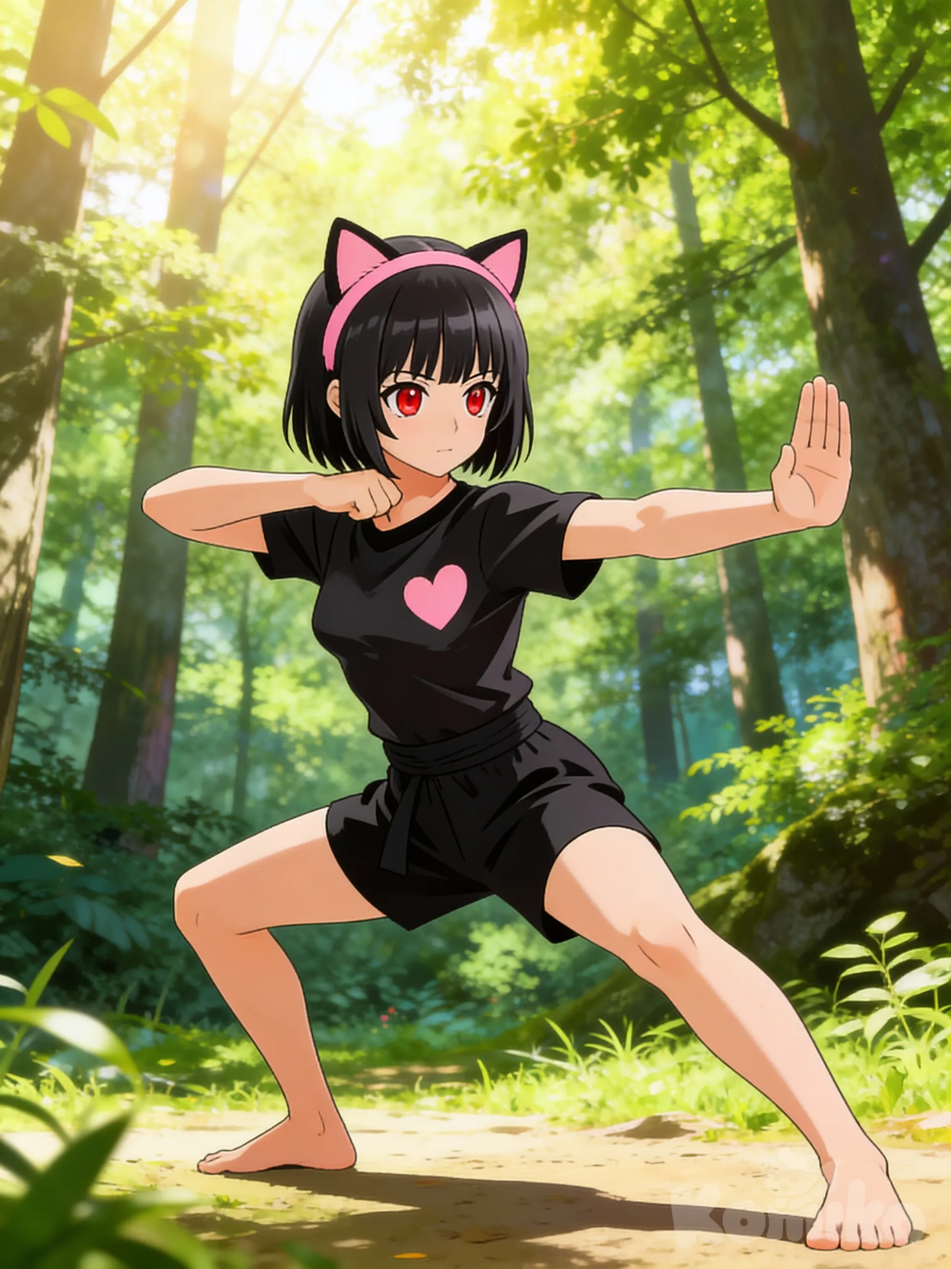 chica anime de cabello negro melena hasta el cuello y flequillo recto ojos rojizos con cintillo rosado de orejas de gato vestida de playera manga corta negra xcon un corazon en el lado izquerdo en el pecho, shorts negros manga corta y descalza ntrenando karate en un bosque