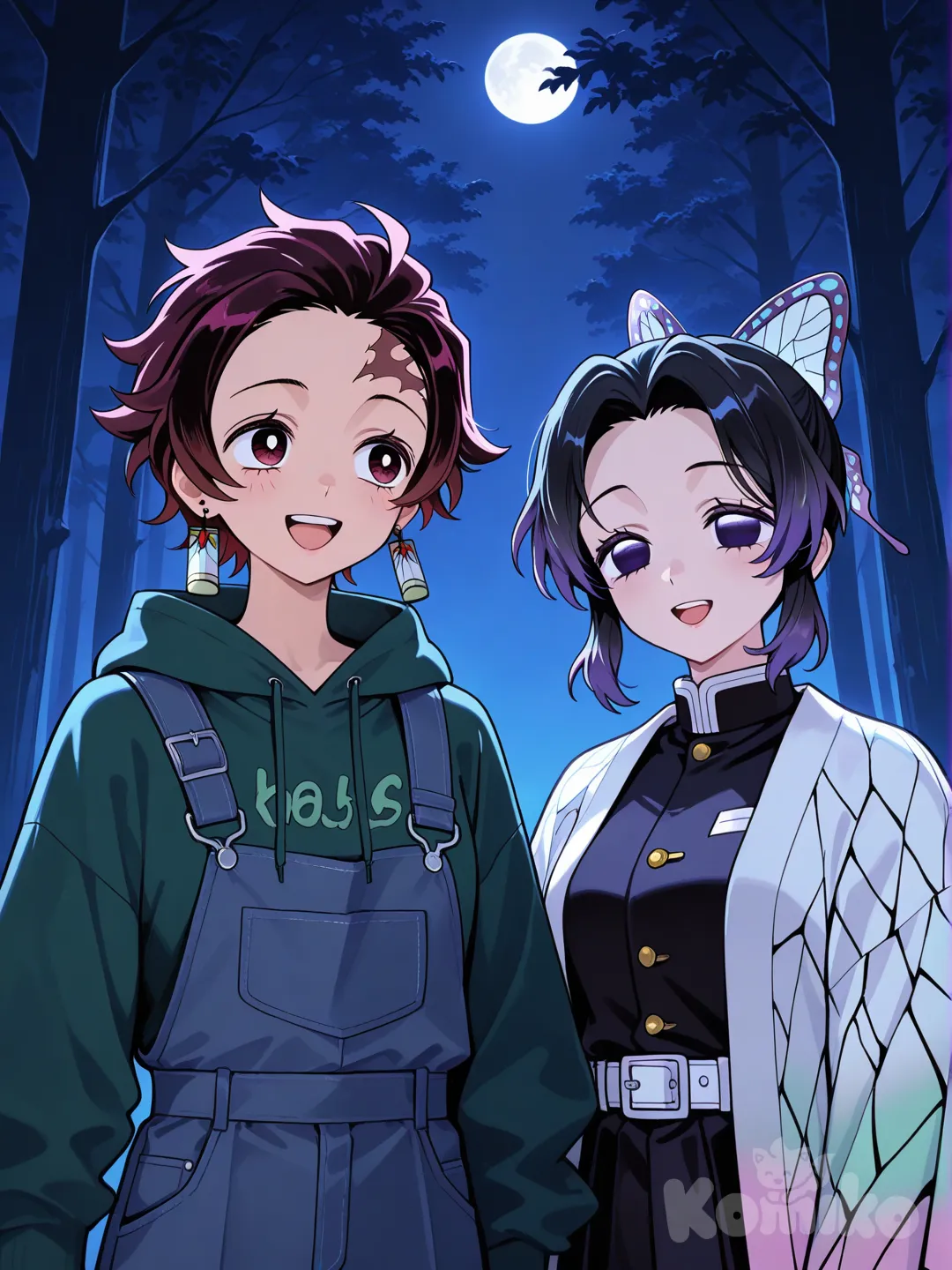 @Kamado_Tanjirou, @Kochou_Shinobu, laughing, outdoor adventure jacket, overalls, looking away, night, forest